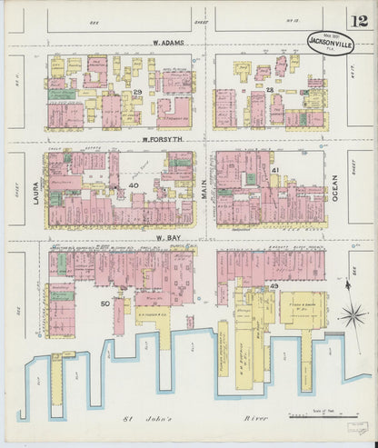 Sanborn Fire Insurance Map from Jacksonville, Duval County, Florida (1891), Sheet #0012 - Historic Sanborn Fire Insurance Map Print, vintage old map wall art, antique decor, genealogy gift, Florida Florida map