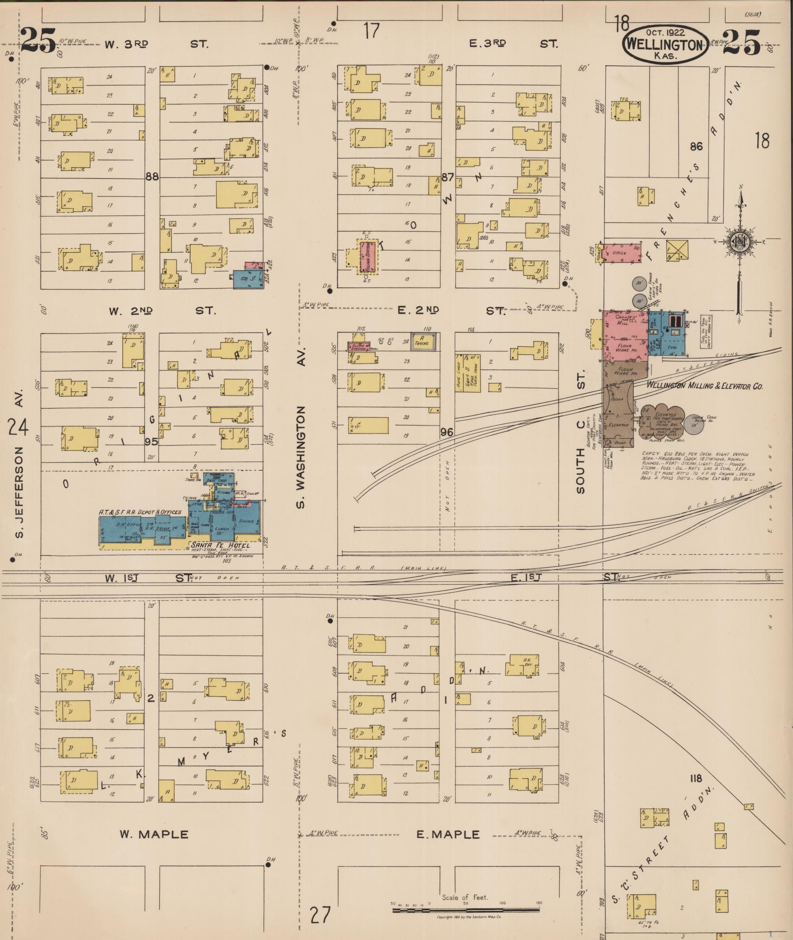 Sanborn Fire Insurance Map from Wellington, Sumner County, Kansas (1922), Sheet #0025 - Historic Sanborn Fire Insurance Map Print, vintage old map wall art, antique decor, genealogy gift, Kansas Kansas map