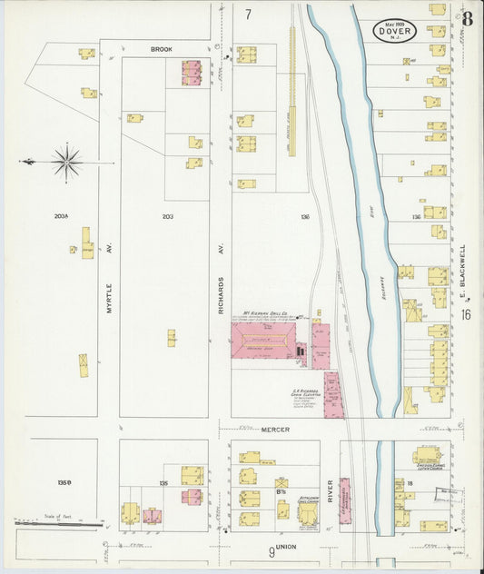 Sanborn Fire Insurance Map from Dover, Morris County, New Jersey (1909), Sheet #0008 - Historic Sanborn Fire Insurance Map Print, vintage old map wall art, antique decor, genealogy gift, New Jersey New Jersey map
