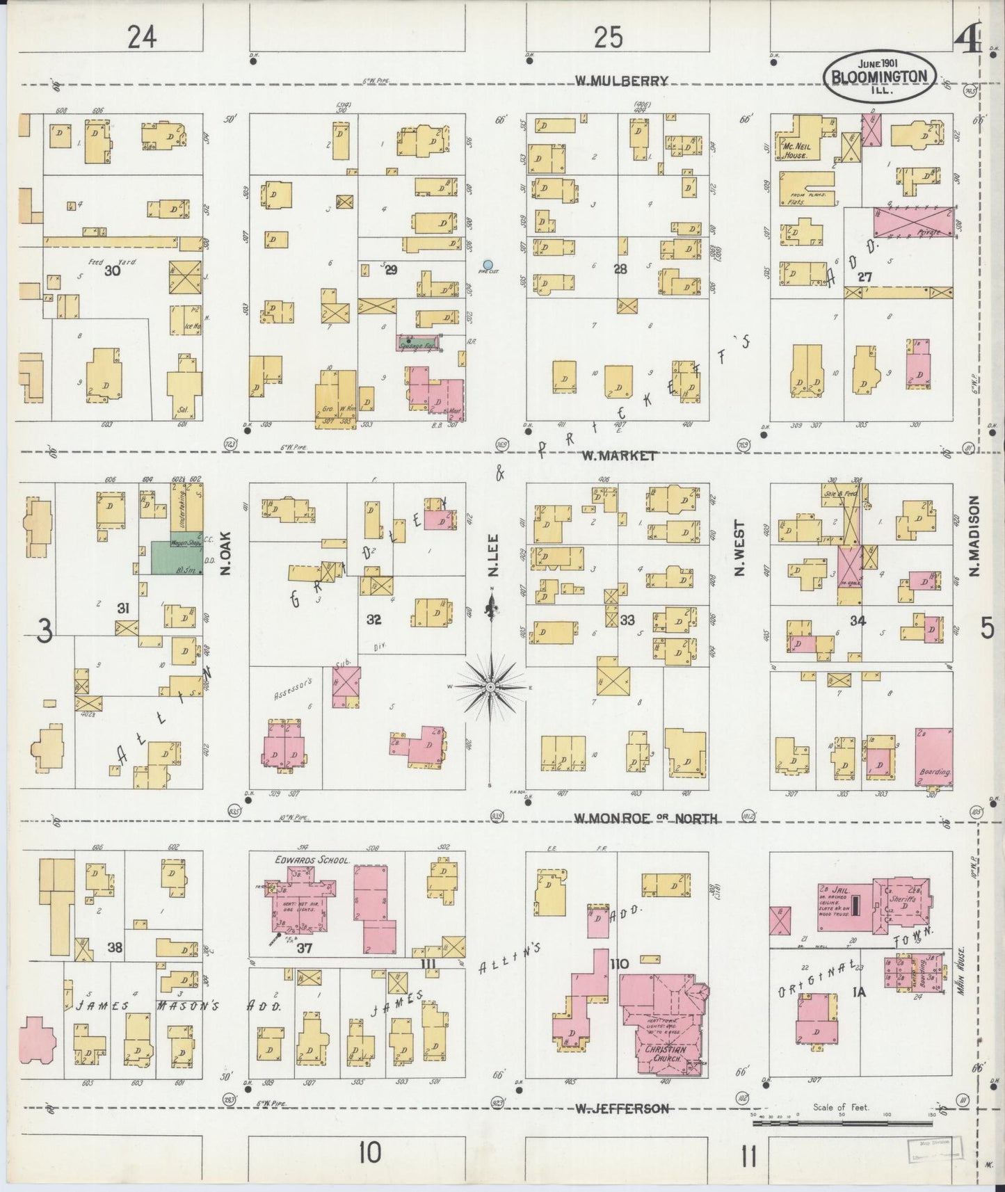 Sanborn Fire Insurance Map from Bloomington, McLean County, Illinois (1901), Sheet #0004 - Complete Map Set gallery image, historic Sanborn map, vintage wall art, Illinois Illinois