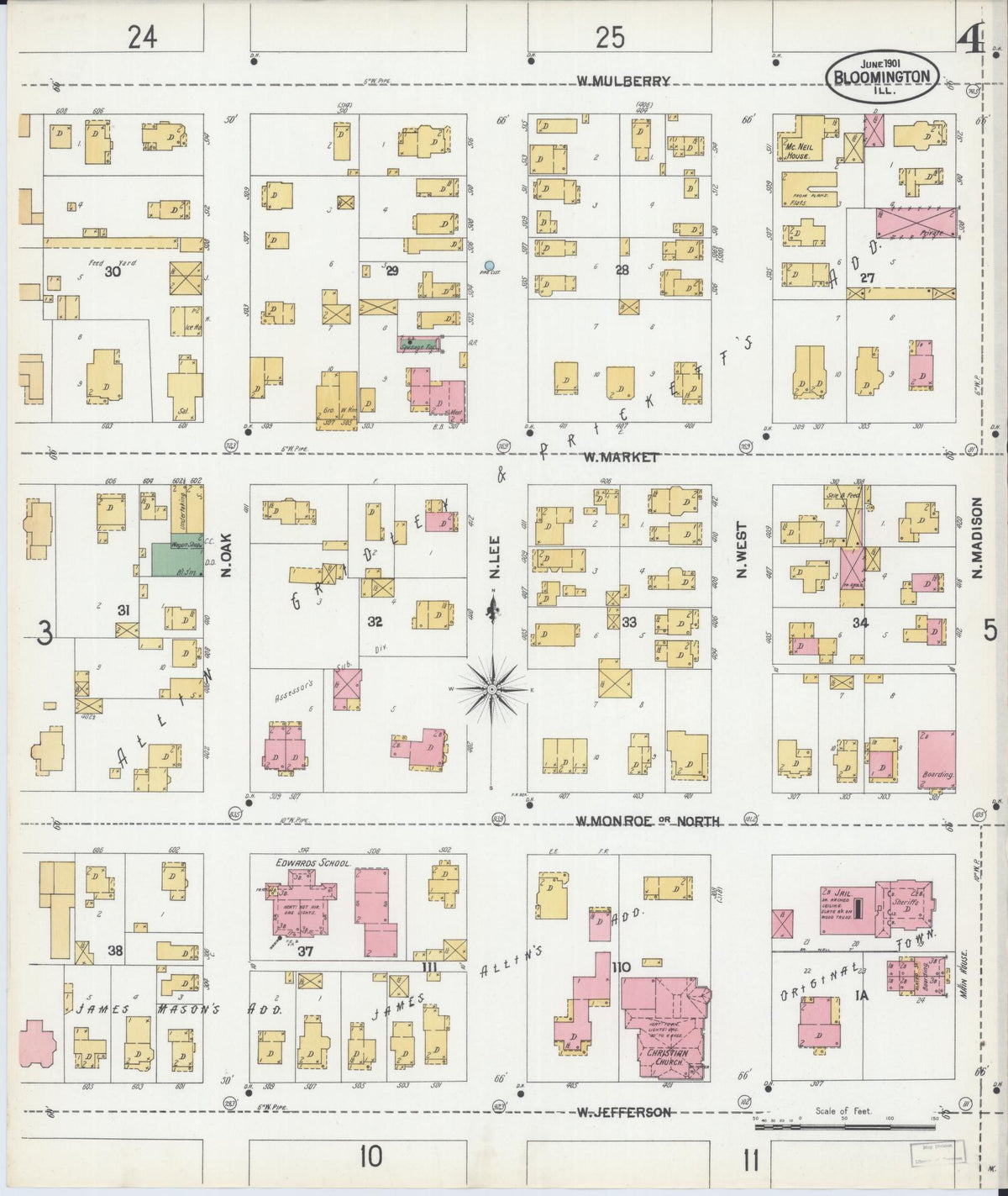 Sanborn Fire Insurance Map from Bloomington, McLean County, Illinois (1901), Sheet #0004 - Complete Map Set gallery image, historic Sanborn map, vintage wall art, Illinois Illinois