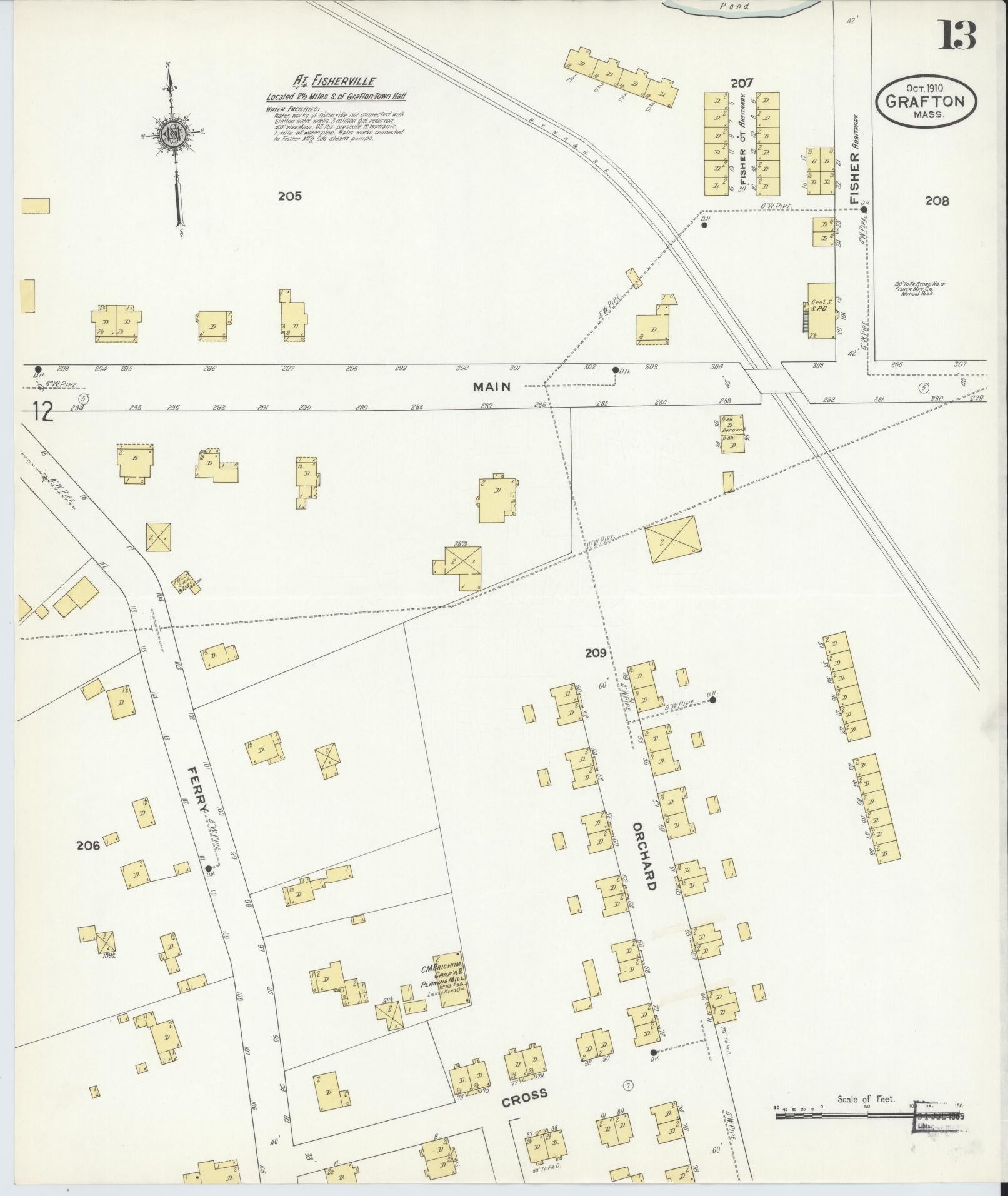 Sanborn Fire Insurance Map from Grafton, Worcester County, Massachusetts (1910), Sheet #0013 - Historic Sanborn Fire Insurance Map Print, vintage old map wall art, antique decor, genealogy gift, Massachusetts Massachusetts map