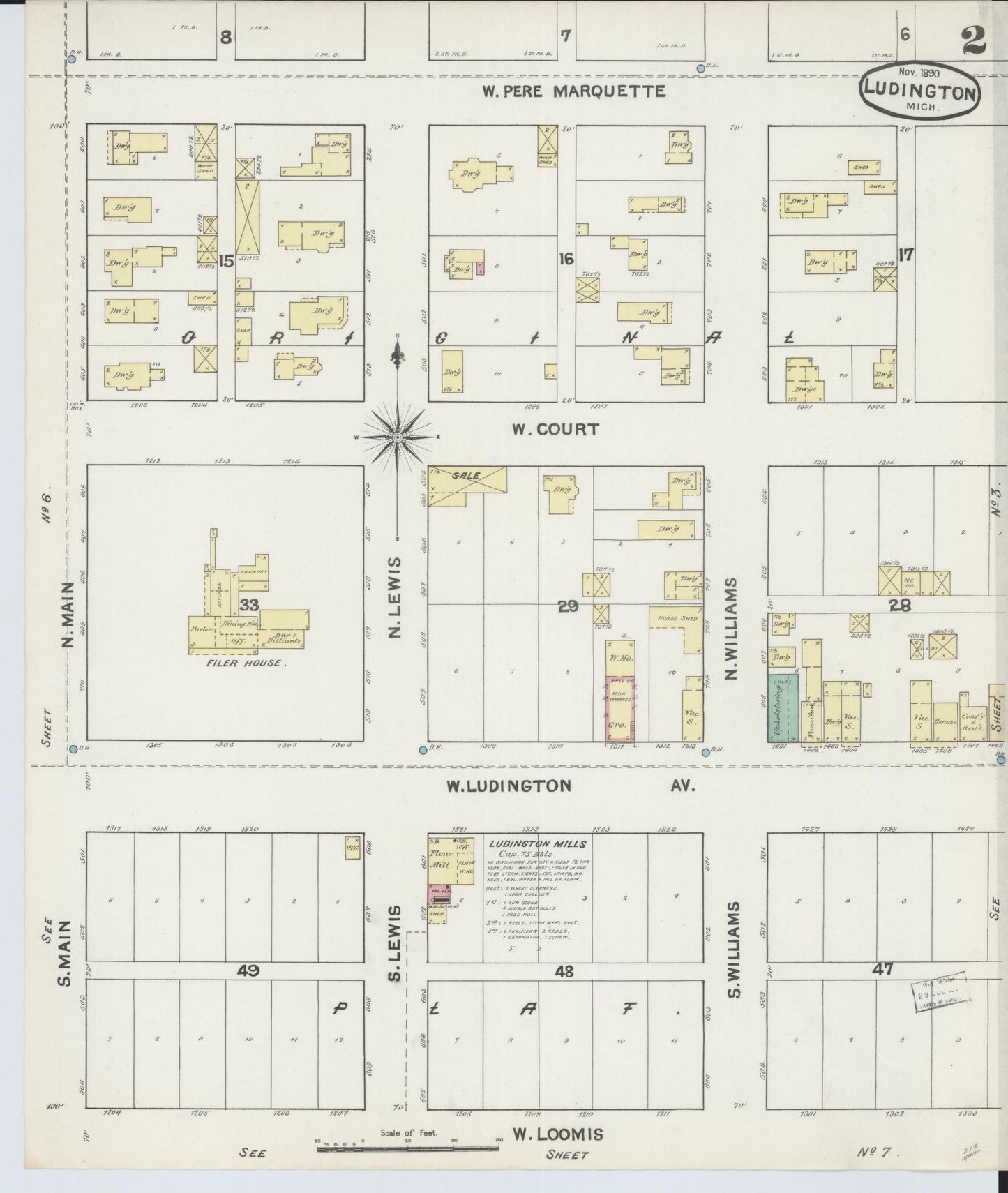 Sanborn Fire Insurance Map from Ludington, Mason County, Michigan (1890), Sheet #0002 - Complete Map Set gallery image, historic Sanborn map, vintage wall art, Michigan Michigan