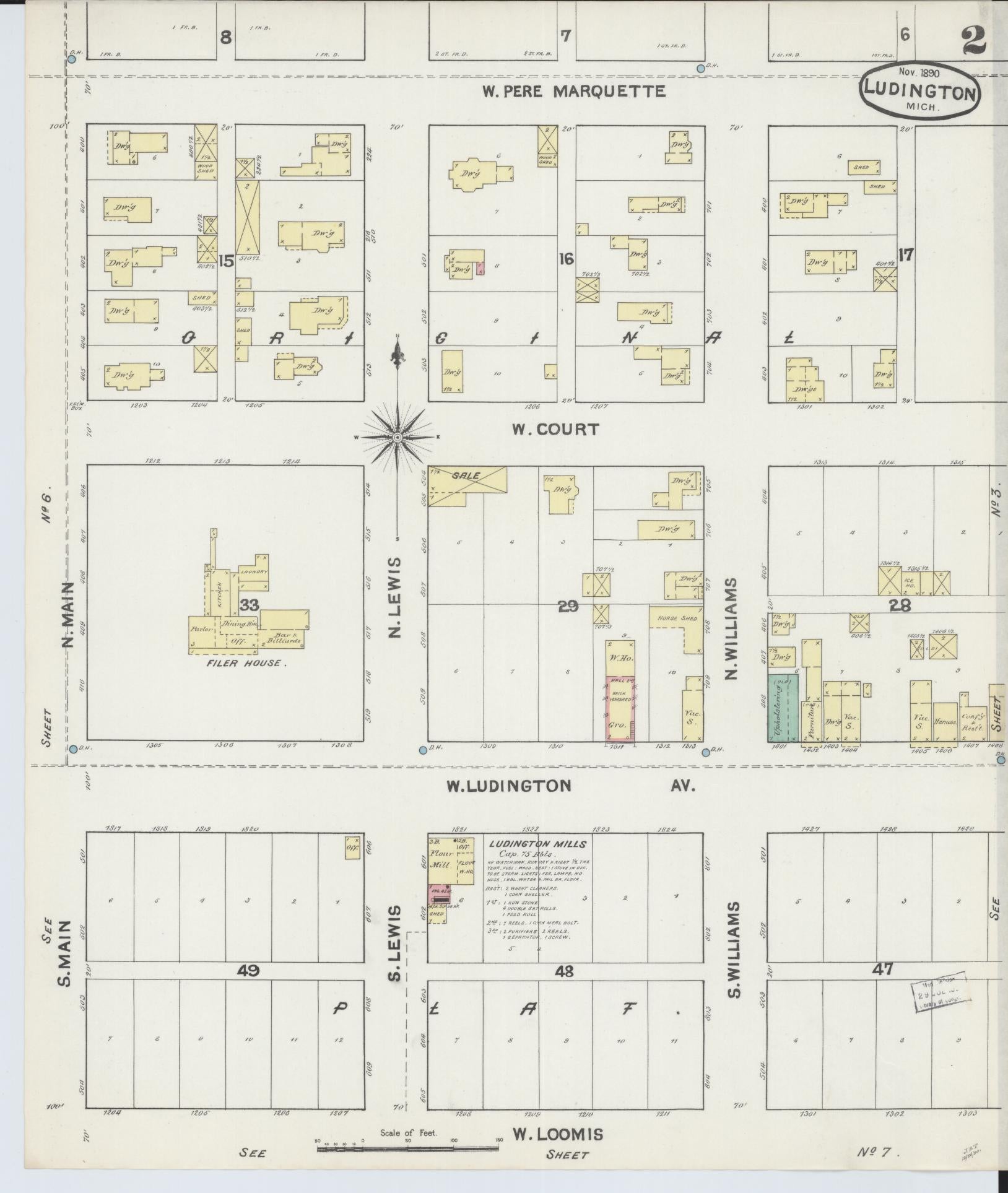 Sanborn Fire Insurance Map from Ludington, Mason County, Michigan (1890), Sheet #0002 - Complete Map Set gallery image, historic Sanborn map, vintage wall art, Michigan Michigan