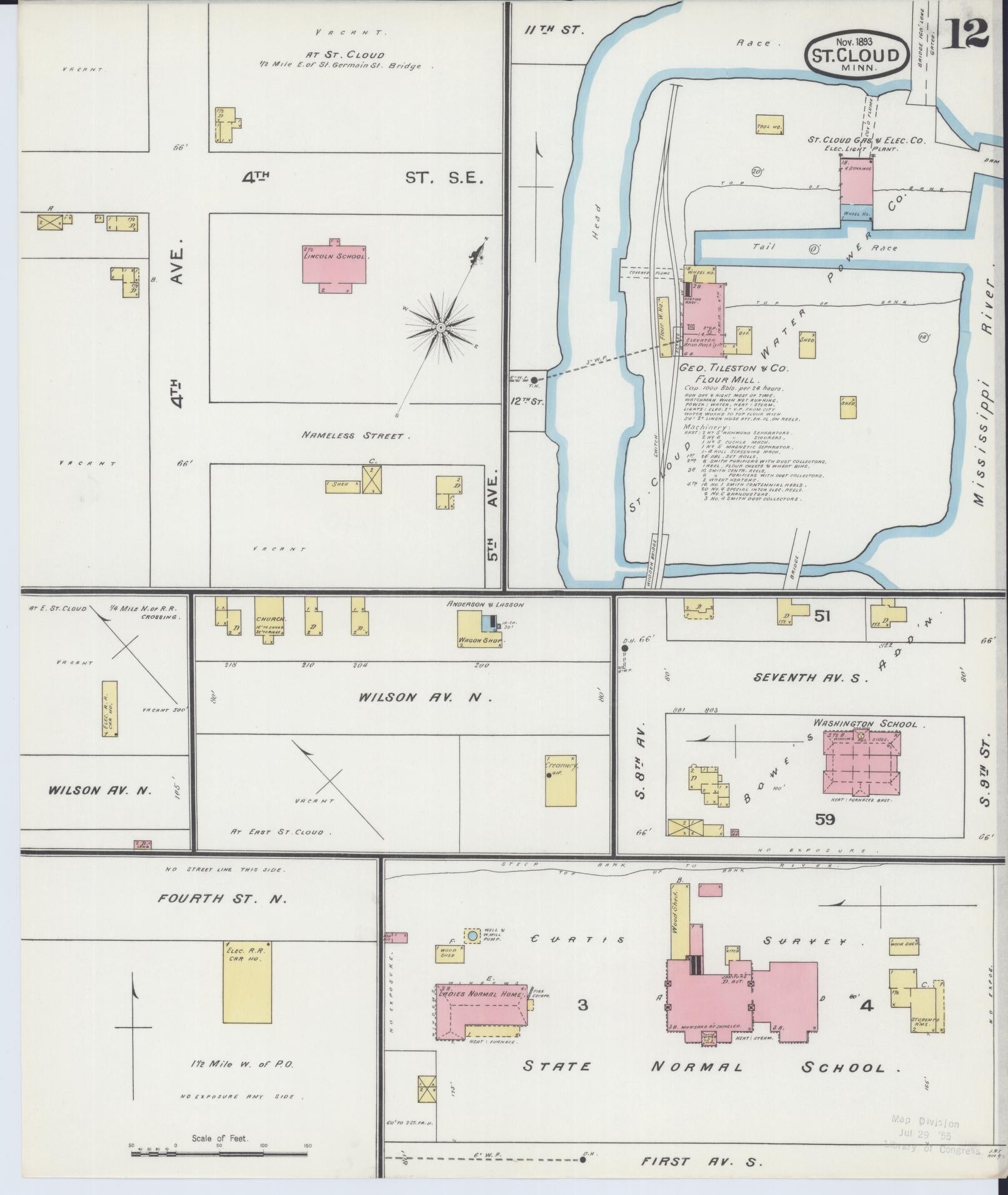 Sanborn Fire Insurance Map from Saint Cloud, Stearns, Benton, and Sherburne Counties, Minnesota (1893), Sheet #0012 - Historic Sanborn Fire Insurance Map Print, vintage old map wall art, antique decor, genealogy gift, Minnesota Minnesota map