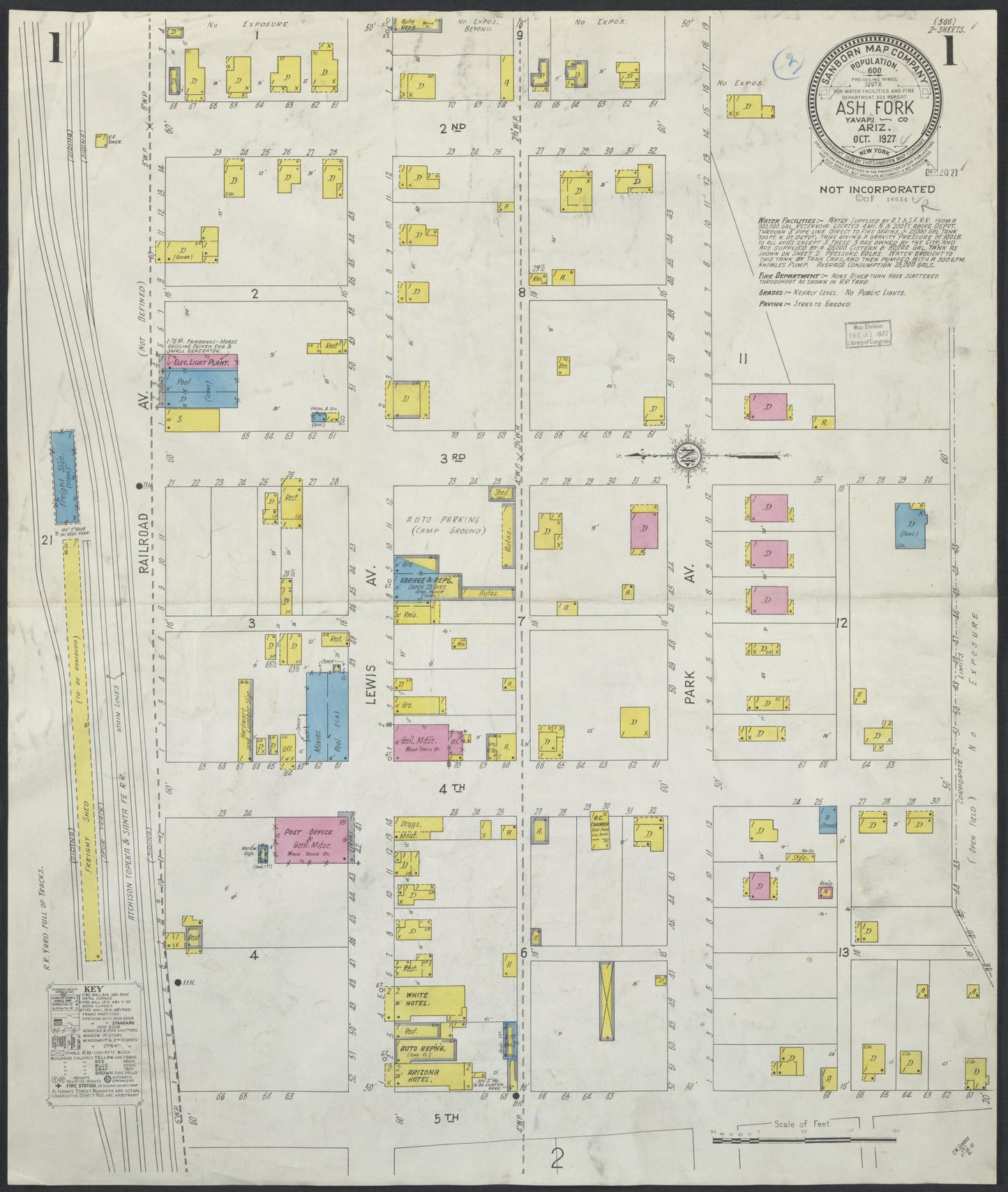 Sanborn Fire Insurance Map from Ash Fork, Yavapai County, Arizona (1927), Sheet #0001 - Historic Sanborn Fire Insurance Map Print, vintage old map wall art, antique decor, genealogy gift, Arizona Arizona map