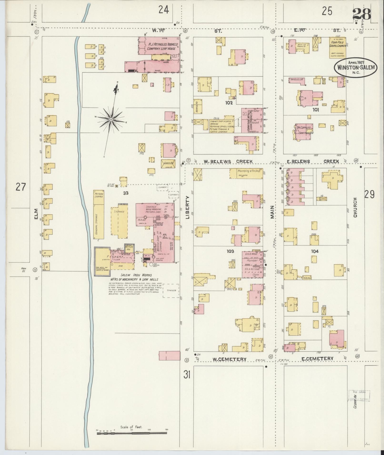 Sanborn Fire Insurance Map from Winston-Salem, Forsyth County, North Carolina (1907), Sheet #0028 - Historic Sanborn Fire Insurance Map Print, vintage old map wall art, antique decor, genealogy gift, North Carolina North Carolina map