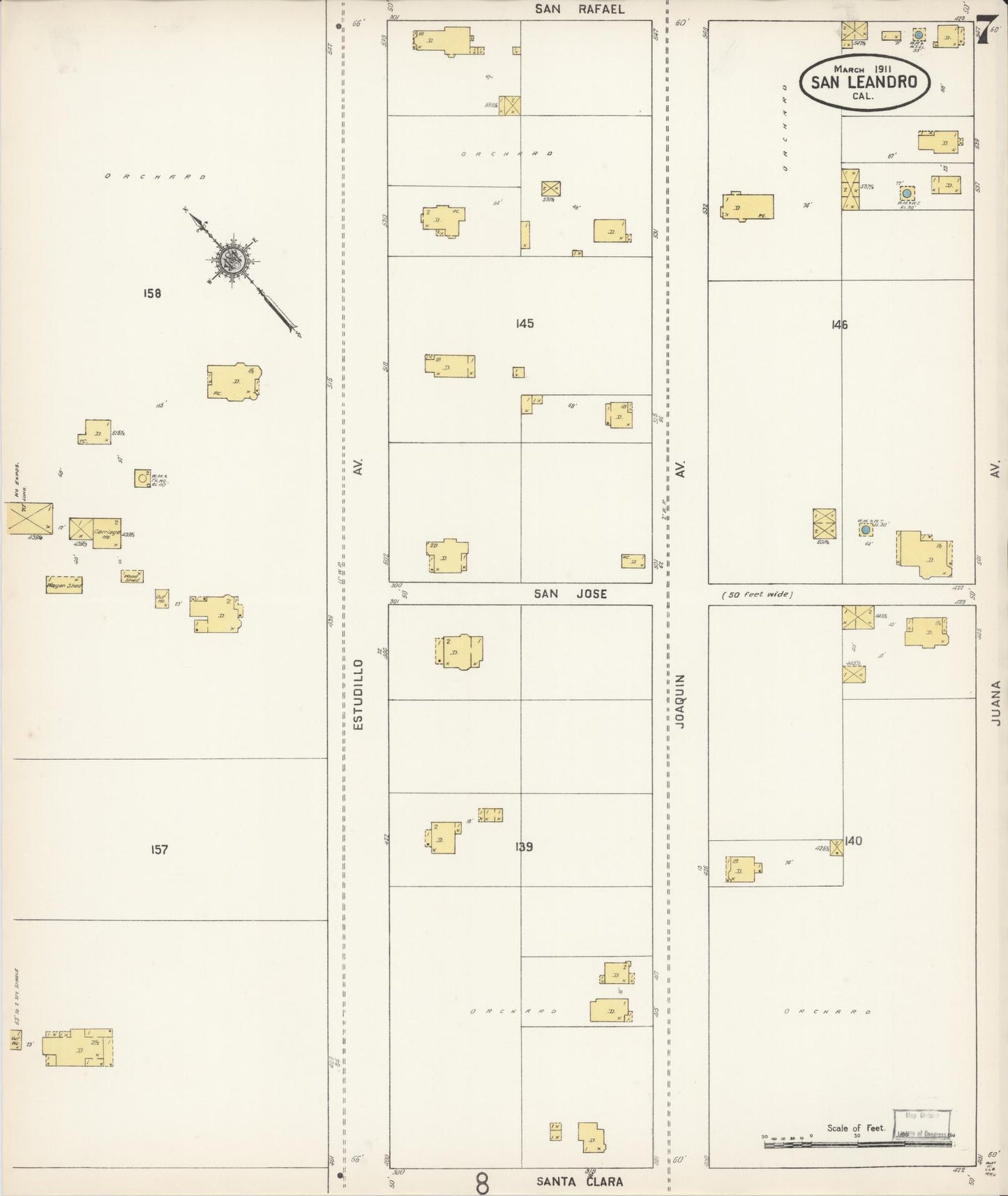Sanborn Fire Insurance Map from San Leandro, Alameda County, California (1911), Sheet #0007 - Complete Map Set gallery image, historic Sanborn map, vintage wall art, California California