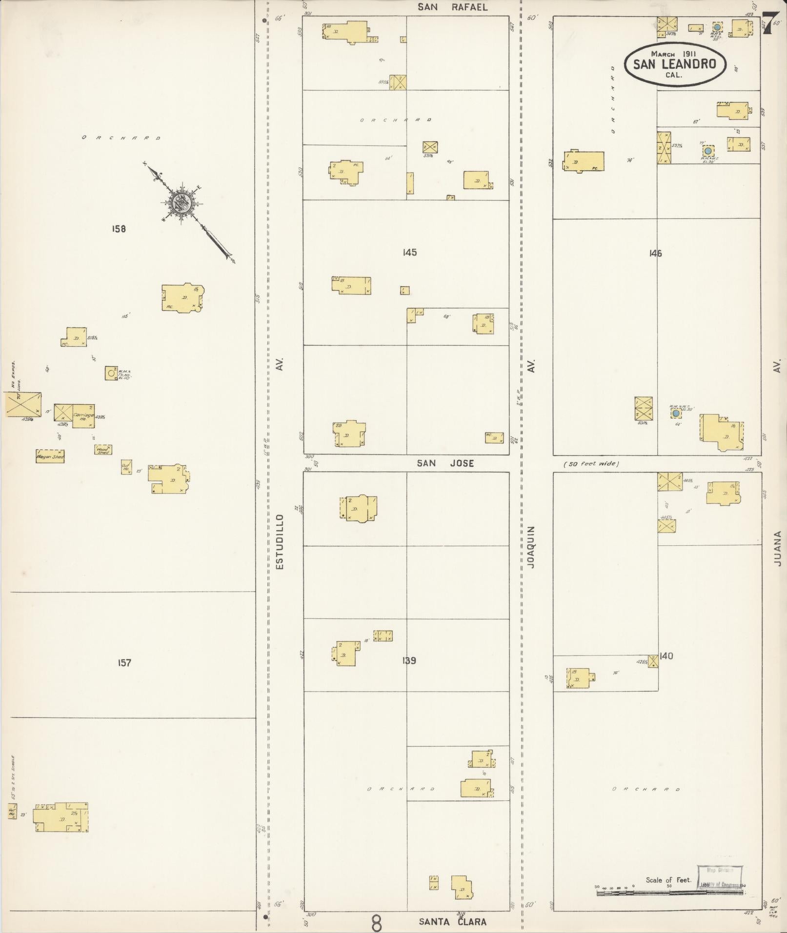 Sanborn Fire Insurance Map from San Leandro, Alameda County, California (1911), Sheet #0007 - Complete Map Set gallery image, historic Sanborn map, vintage wall art, California California