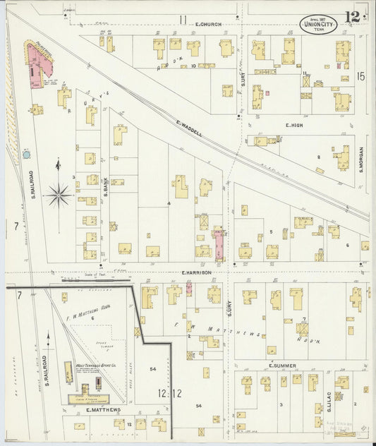 Sanborn Fire Insurance Map from Union City, Obion County, Tennessee (1907), Sheet #0012 - Historic Sanborn Fire Insurance Map Print, vintage old map wall art, antique decor, genealogy gift, Tennessee Tennessee map
