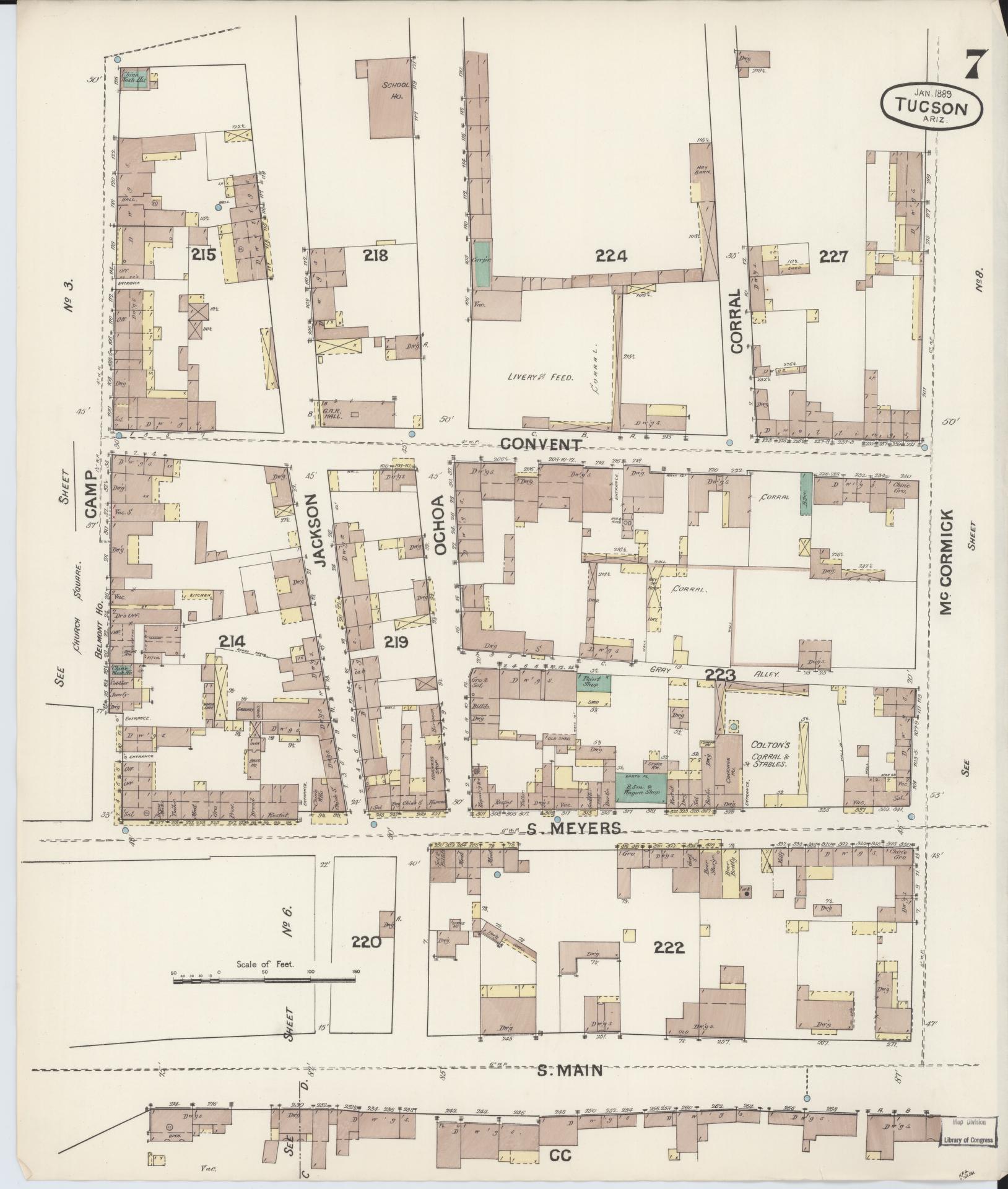 Sanborn Fire Insurance Map from Tucson, Pima County, Arizona (1889), Sheet #0007 - Complete Map Set gallery image, historic Sanborn map, vintage wall art, Arizona Arizona