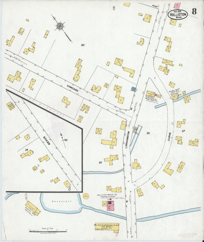 Sanborn Fire Insurance Map from Holliston, Middlesex County, Massachusetts (1919), Sheet #0008 - Historic Sanborn Fire Insurance Map Print, vintage old map wall art, antique decor, genealogy gift, Massachusetts Massachusetts map