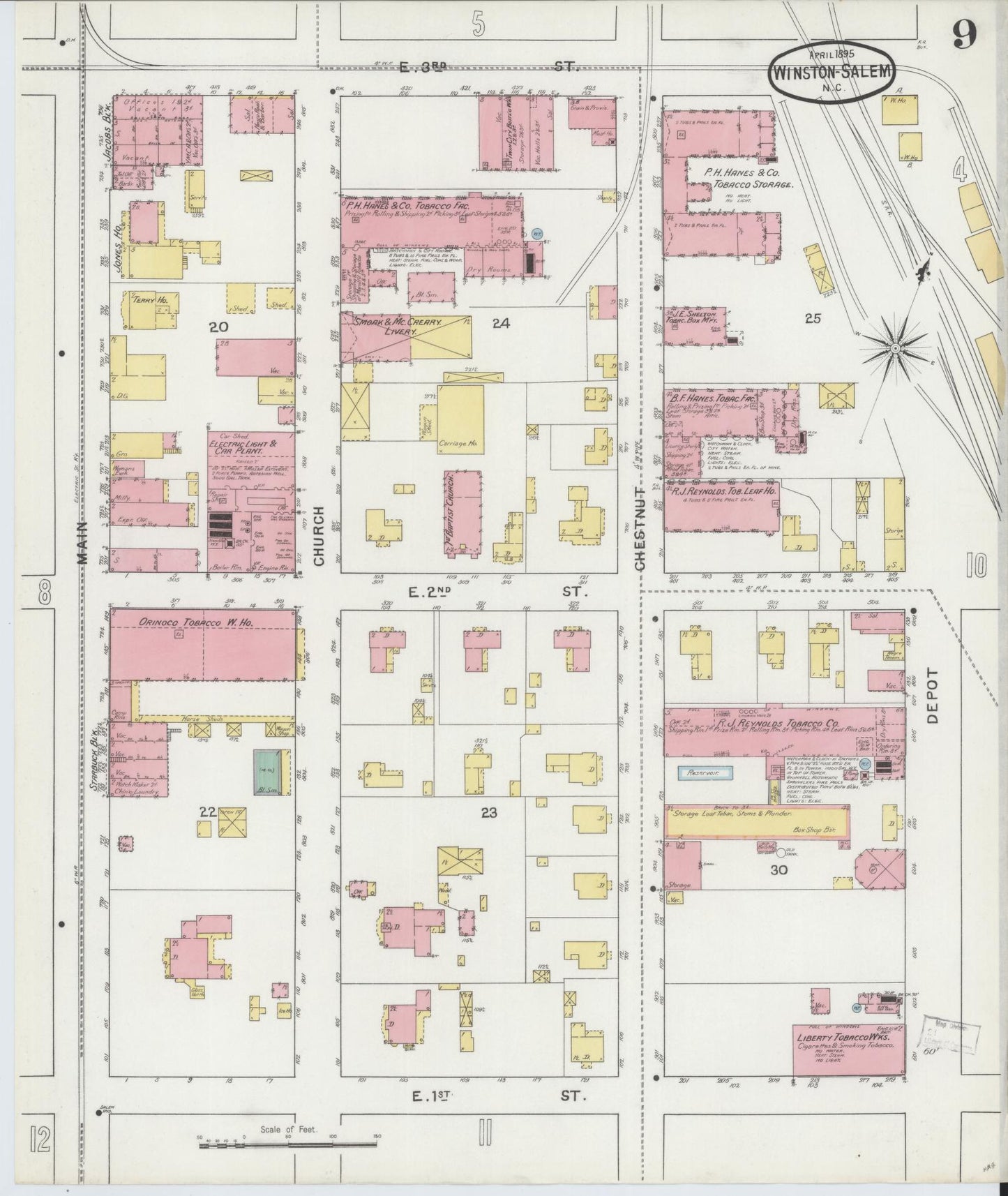 Sanborn Fire Insurance Map from Winston-Salem, Forsyth County, North Carolina (1895), Sheet #0009 - Complete Map Set gallery image, historic Sanborn map, vintage wall art, North Carolina North Carolina