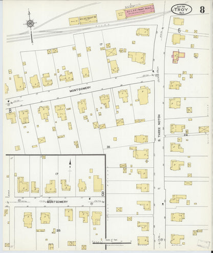 Sanborn Fire Insurance Map from Troy, Pike County, Alabama (1916), Sheet #0008 - Complete Map Set gallery image, historic Sanborn map, vintage wall art, Alabama Alabama