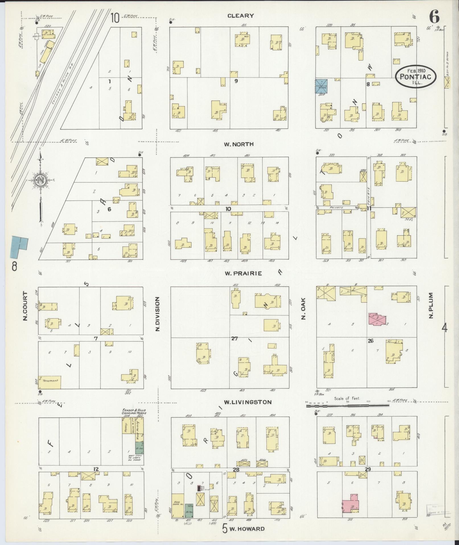 Sanborn Fire Insurance Map from Pontiac, Livingston County, Illinois (1910), Sheet #0006 - Complete Map Set gallery image, historic Sanborn map, vintage wall art, Illinois Illinois