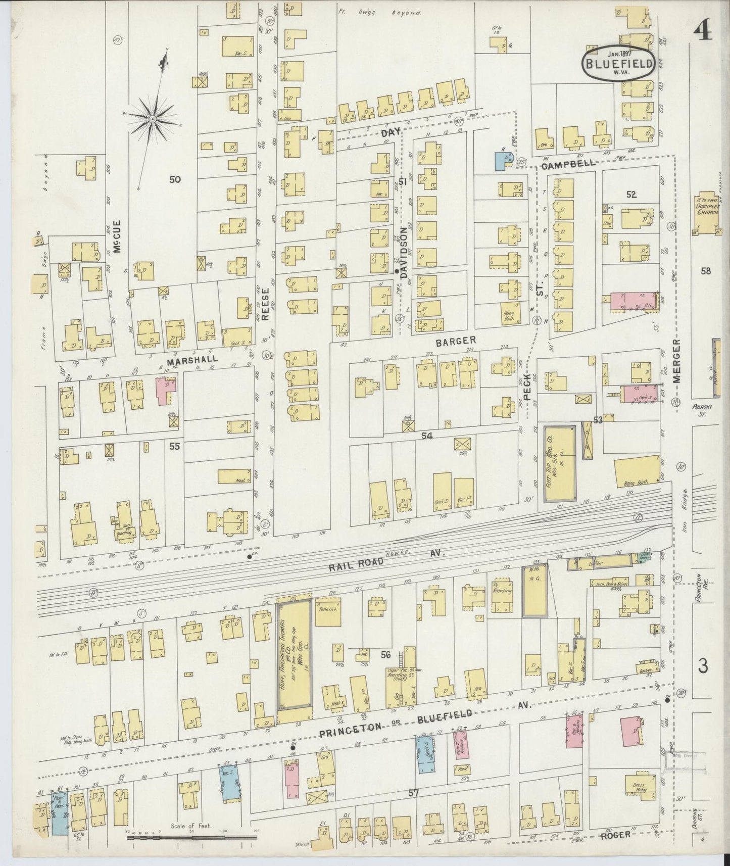 Sanborn Fire Insurance Map from Bluefield, Mercer County, West Virginia (1897), Sheet #0004 - Complete Map Set gallery image, historic Sanborn map, vintage wall art, West Virginia West Virginia