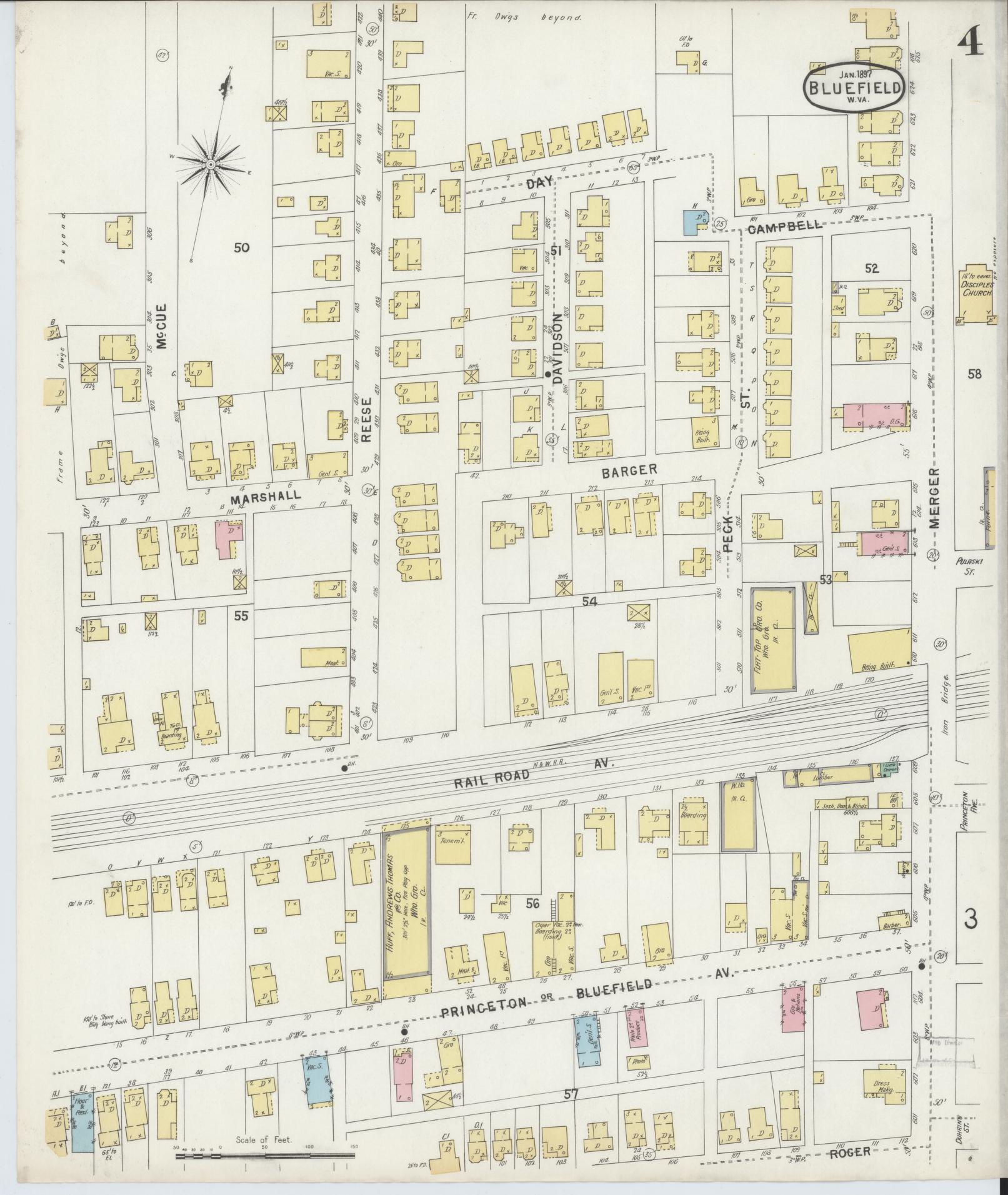 Sanborn Fire Insurance Map from Bluefield, Mercer County, West Virginia (1897), Sheet #0004 - Complete Map Set gallery image, historic Sanborn map, vintage wall art, West Virginia West Virginia