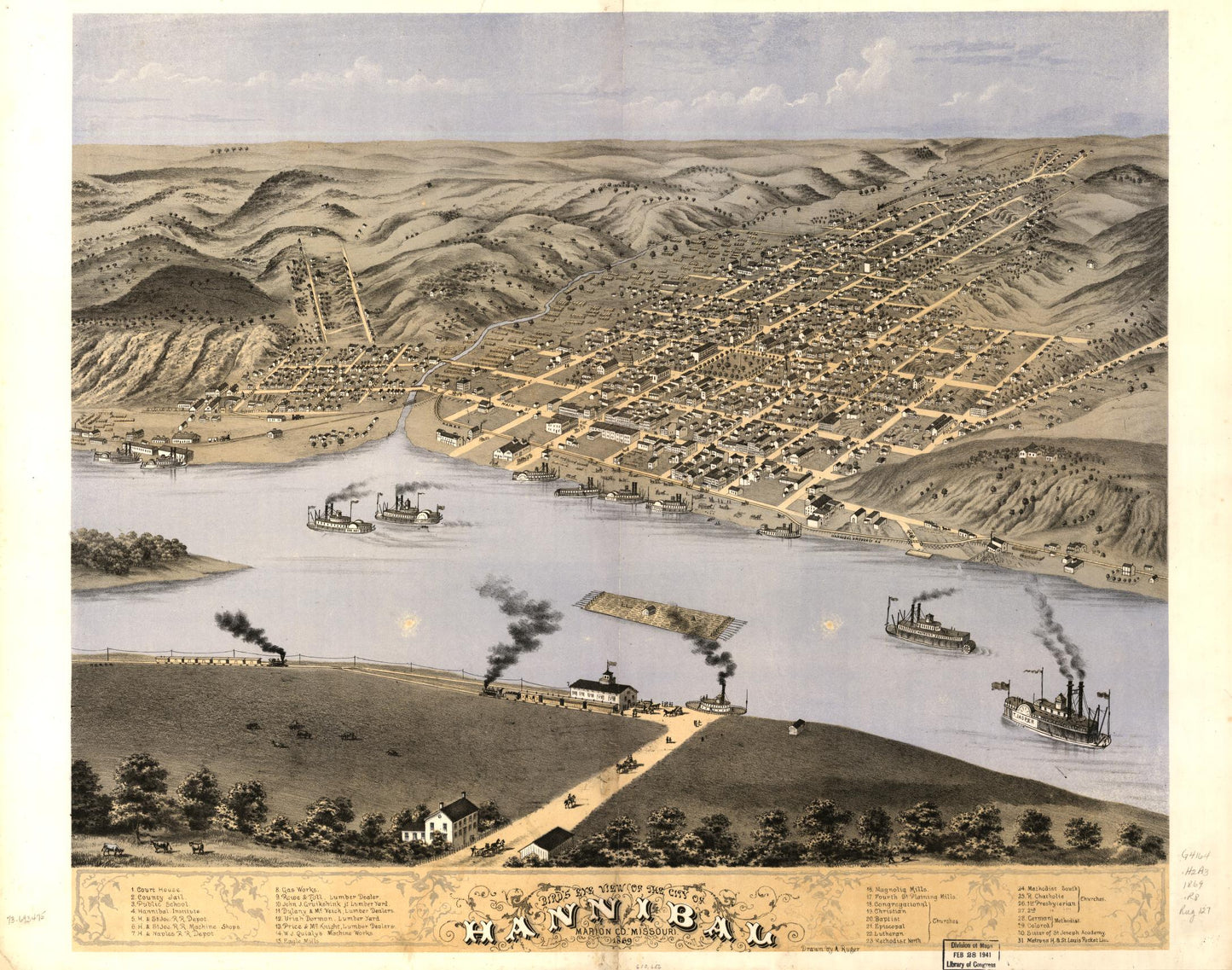 Bird's eye view of the city of Hannibal, Marion Co., Missouri 1869. (1869) – Historic Bird’s-Eye View Panorama Print