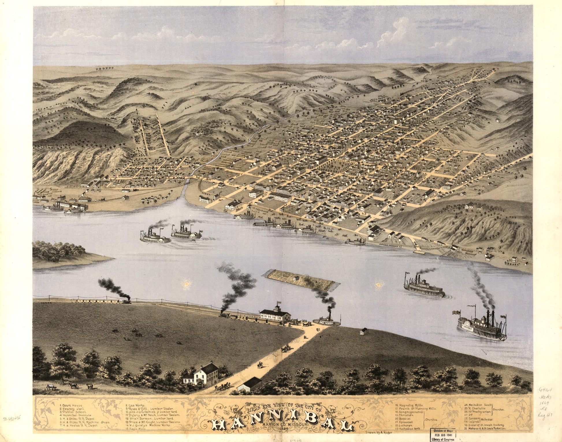 Bird's eye view of the city of Hannibal, Marion Co., Missouri 1869. (1869) – Historic Bird’s-Eye View Panorama Print