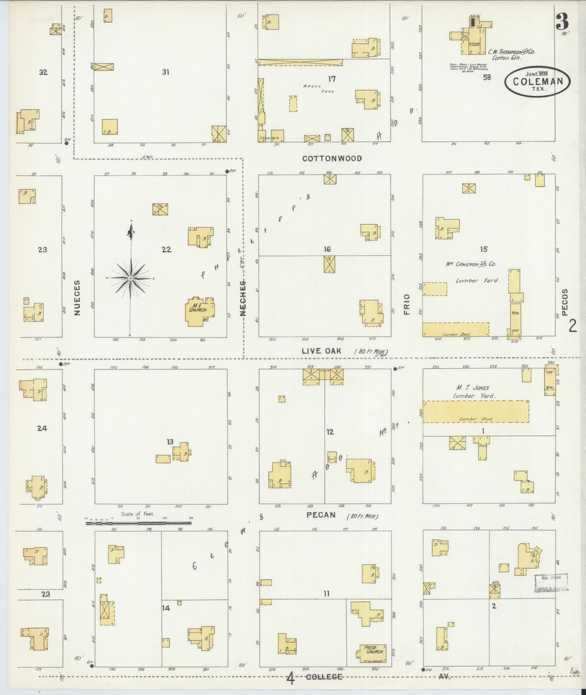 Sanborn Fire Insurance Map from Coleman, Coleman County, Texas (1898), Sheet #0003 - Complete Map Set gallery image, historic Sanborn map, vintage wall art, Texas Texas