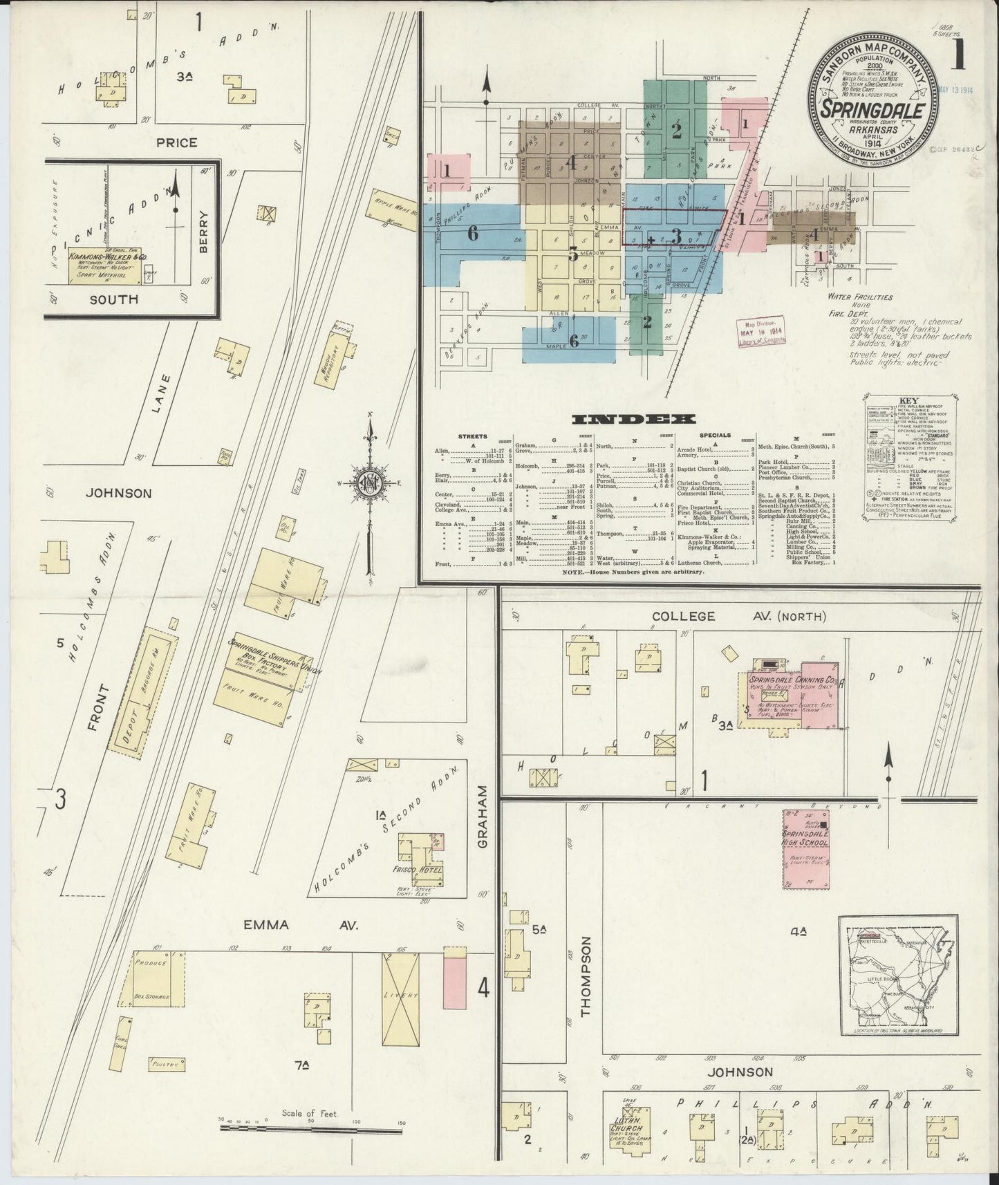 Sanborn Fire Insurance Map from Springdale, Washington County, Arkansas (1914), Sheet #0001 - Historic Sanborn Fire Insurance Map Print, vintage old map wall art, antique decor, genealogy gift, Arkansas Arkansas map