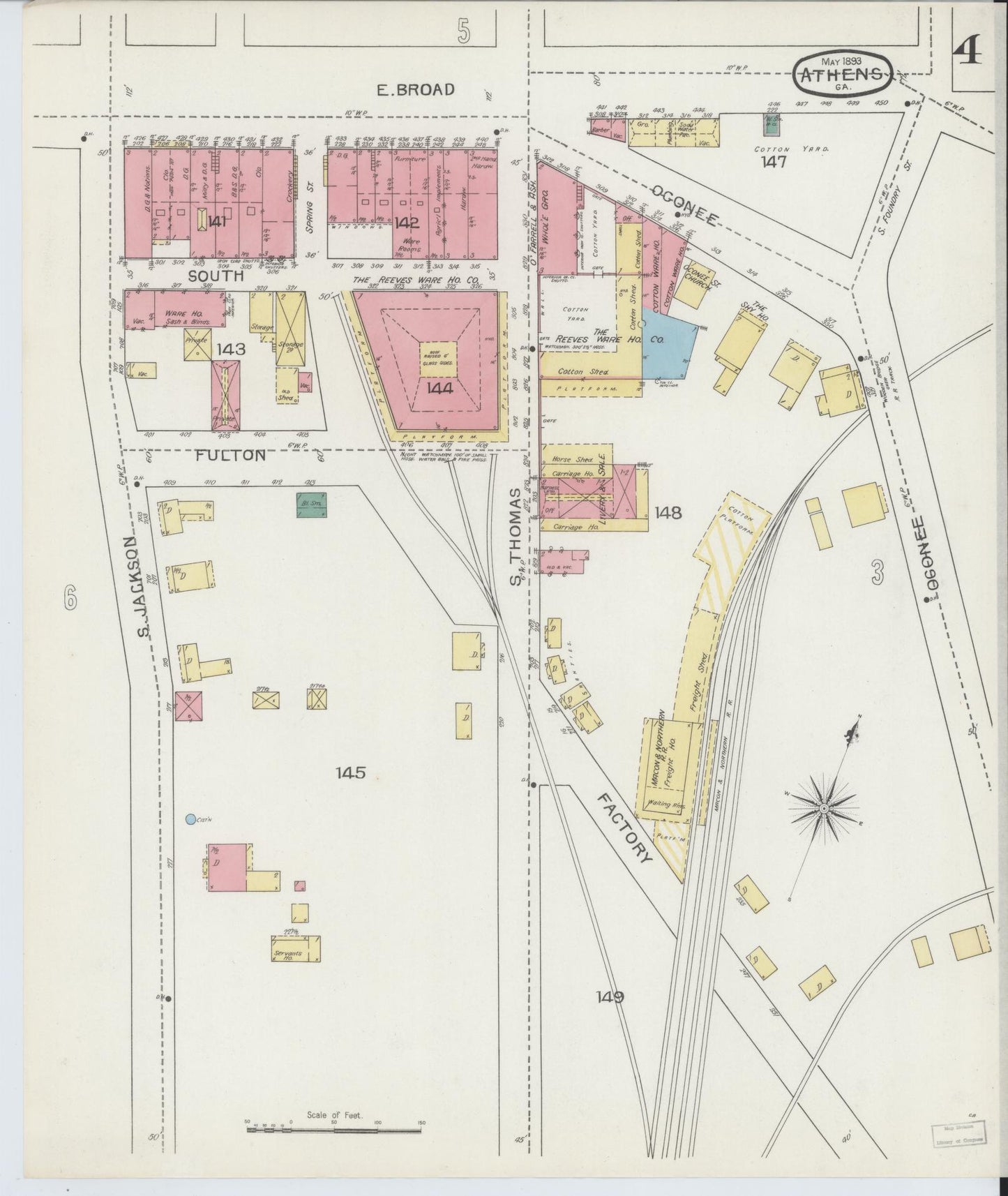 Sanborn Fire Insurance Map from Athens, Clarke County, Georgia (1893), Sheet #0004 - Historic Sanborn Fire Insurance Map Print, vintage old map wall art, antique decor, genealogy gift, Georgia Georgia map