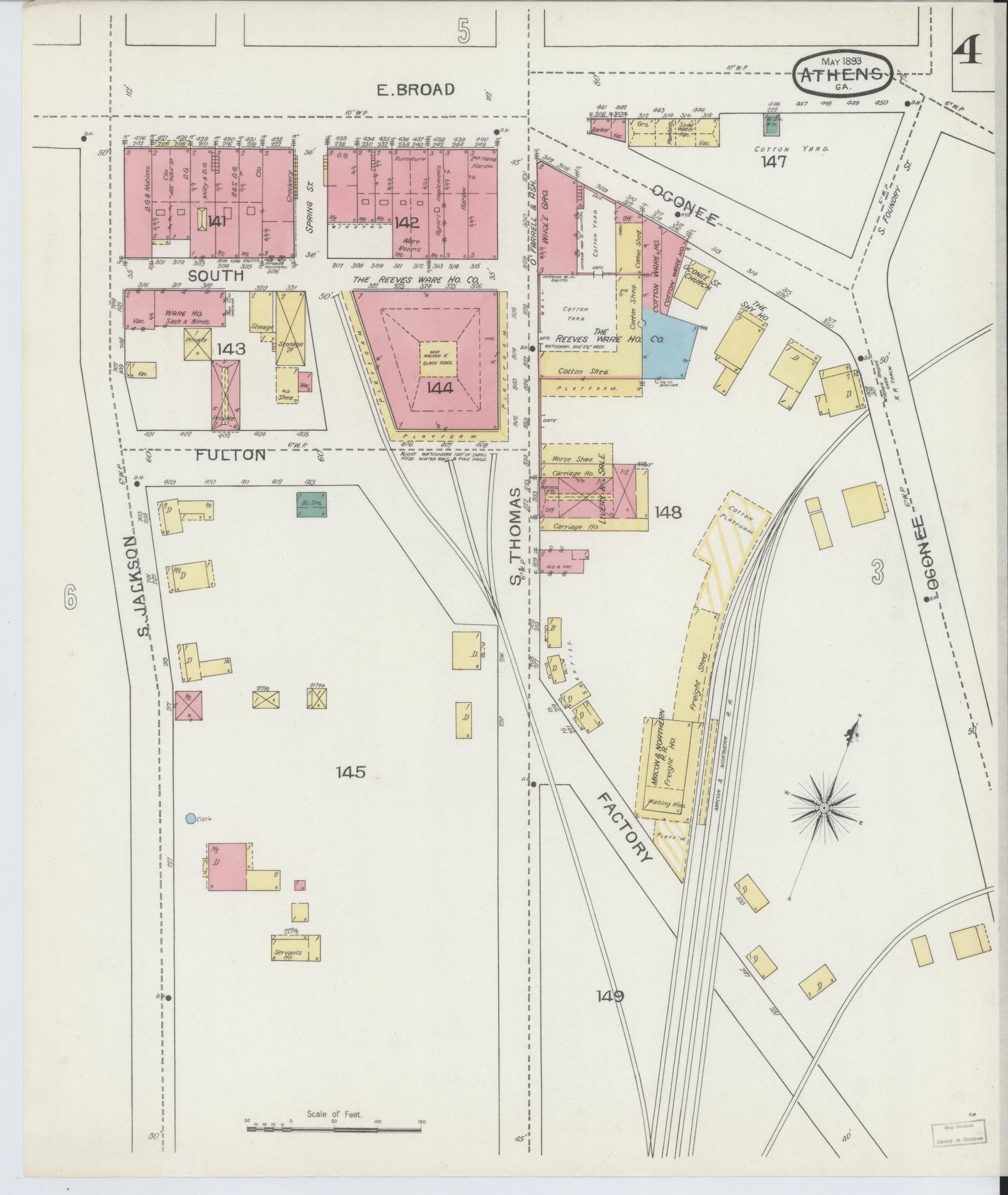 Sanborn Fire Insurance Map from Athens, Clarke County, Georgia (1893), Sheet #0004 - Historic Sanborn Fire Insurance Map Print, vintage old map wall art, antique decor, genealogy gift, Georgia Georgia map