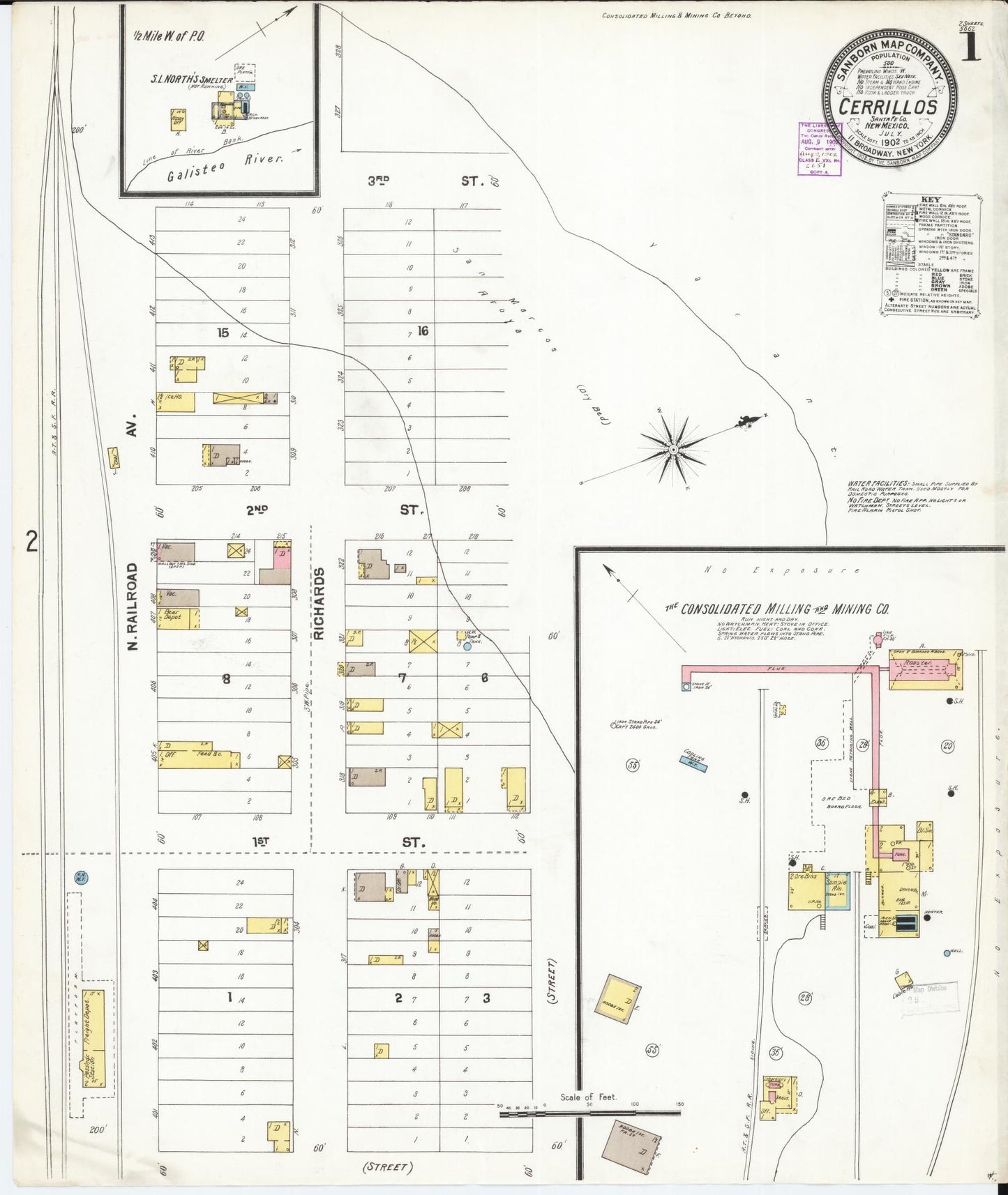 Sanborn Fire Insurance Map from Cerrillos, Santa Fe County, New Mexico (1902), Sheet #0001 - Historic Sanborn Fire Insurance Map Print, vintage old map wall art, antique decor, genealogy gift, New Mexico New Mexico map