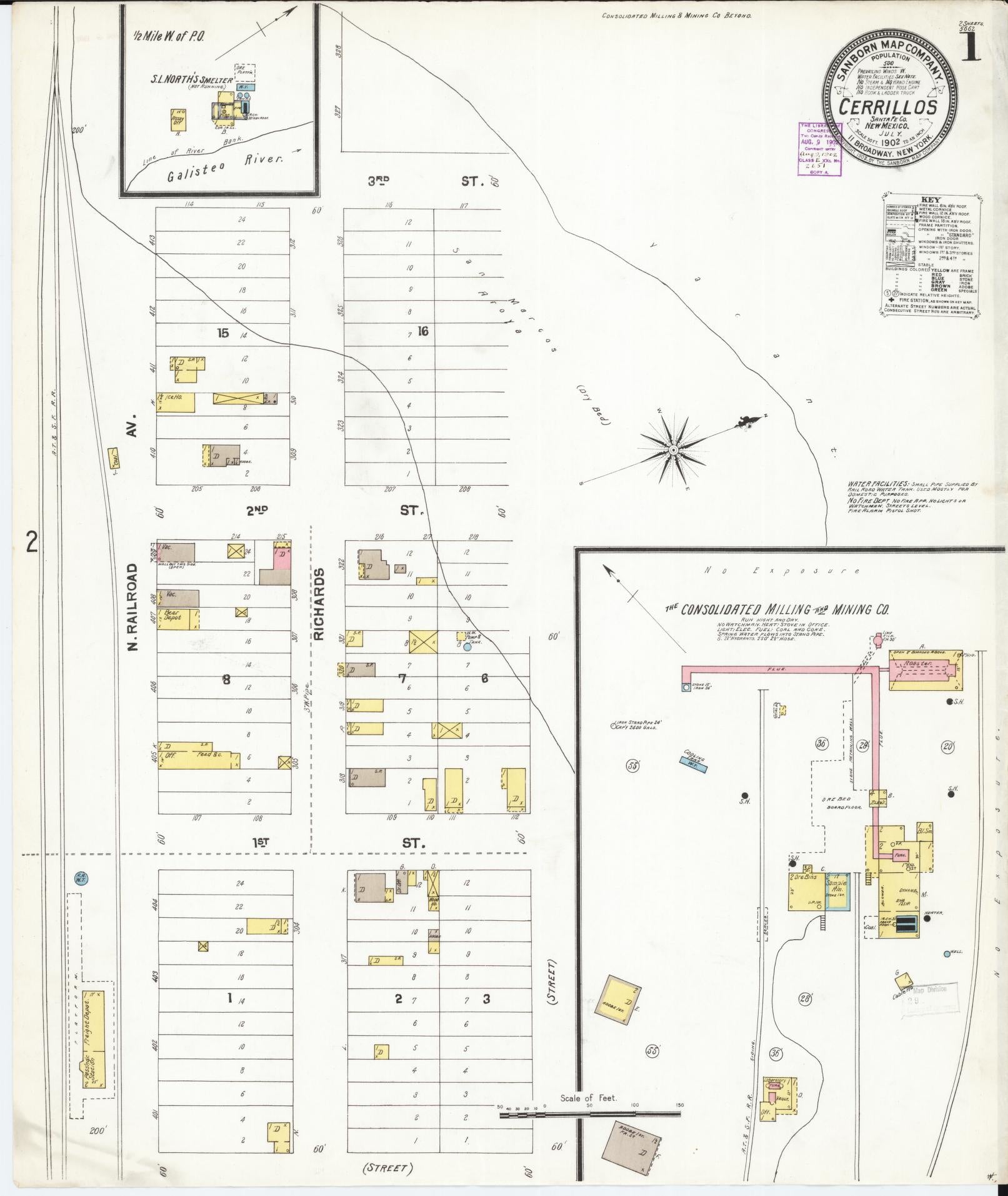 Sanborn Fire Insurance Map from Cerrillos, Santa Fe County, New Mexico (1902), Sheet #0001 - Historic Sanborn Fire Insurance Map Print, vintage old map wall art, antique decor, genealogy gift, New Mexico New Mexico map