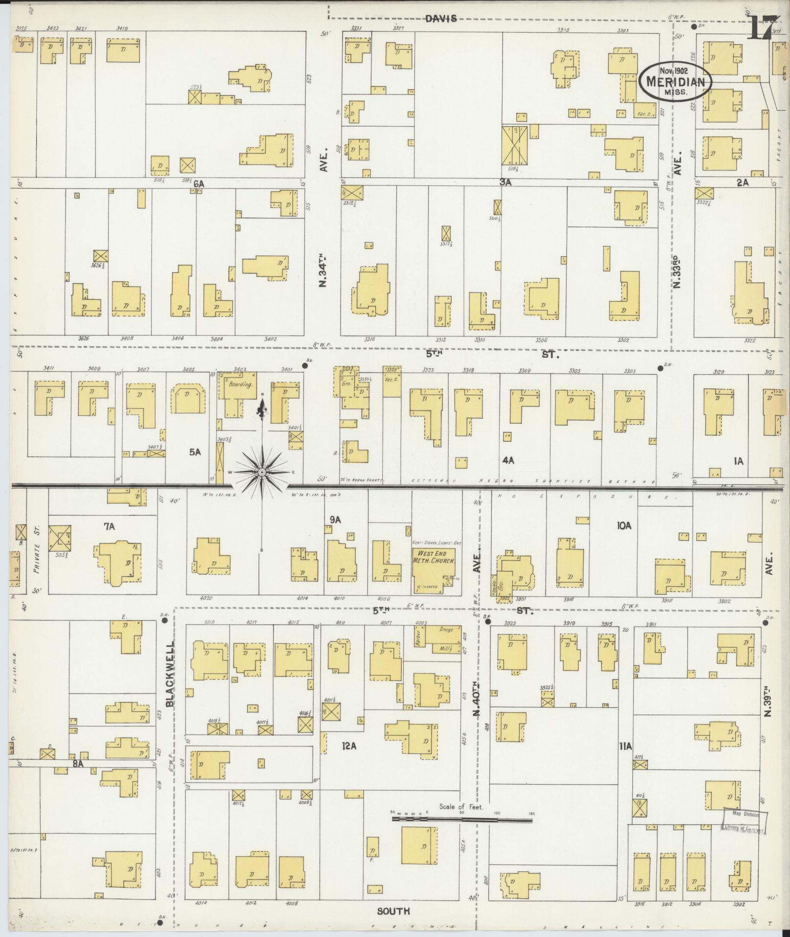 Sanborn Fire Insurance Map from Meridian, Lauderdale County, Mississippi (1902), Sheet #0017 - Historic Sanborn Fire Insurance Map Print, vintage old map wall art, antique decor, genealogy gift, Mississippi Mississippi map