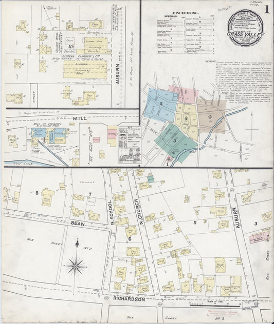 Sanborn Fire Insurance Map from Grass Valley, Nevada County, California (1891), Sheet #0001 - Historic Sanborn Fire Insurance Map Print, vintage old map wall art, antique decor, genealogy gift, California California map