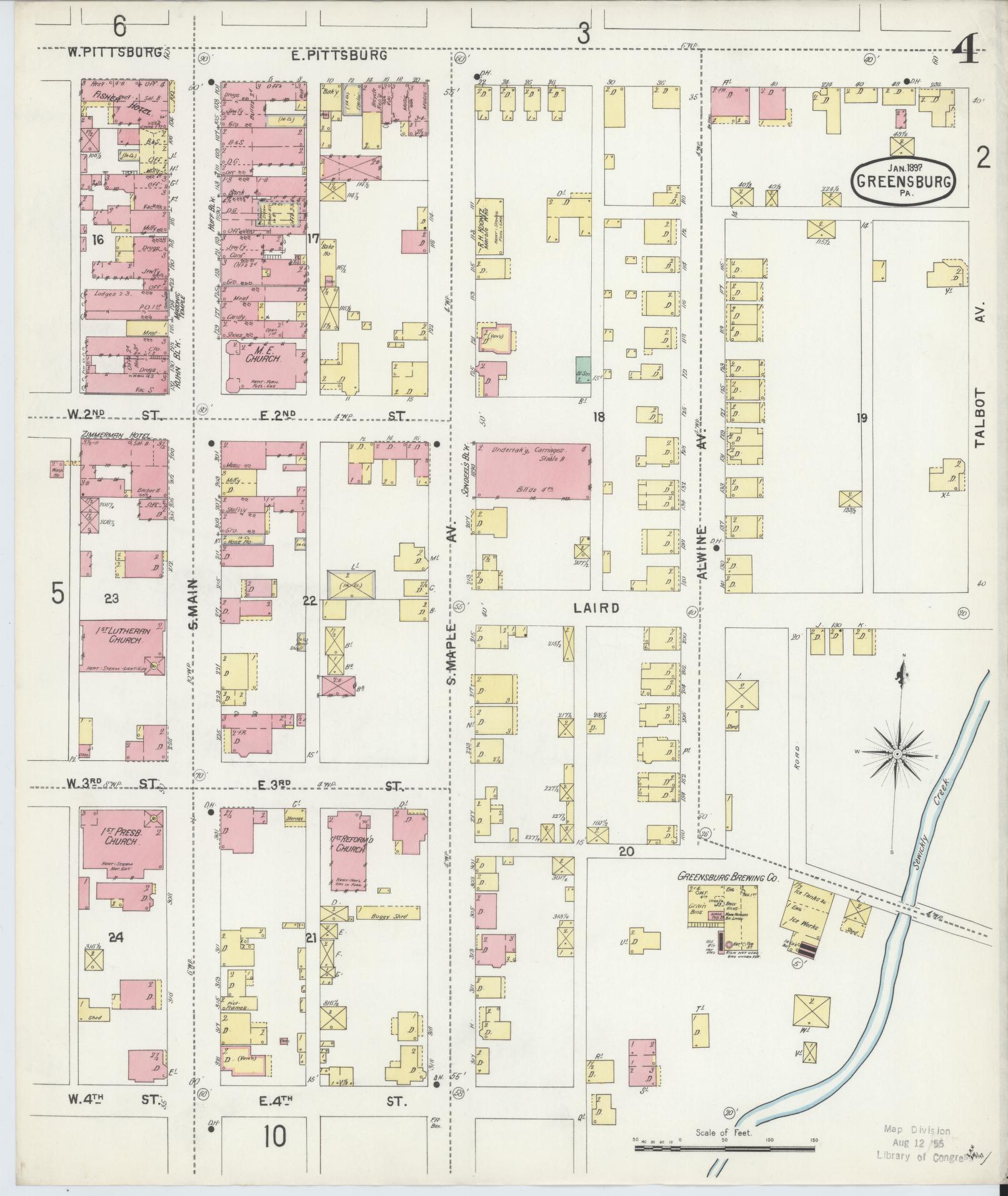 Sanborn Fire Insurance Map from Greensburg, Westmoreland County, Pennsylvania (1897), Sheet #0004 - Historic Sanborn Fire Insurance Map Print, vintage old map wall art, antique decor, genealogy gift, Pennsylvania Pennsylvania map