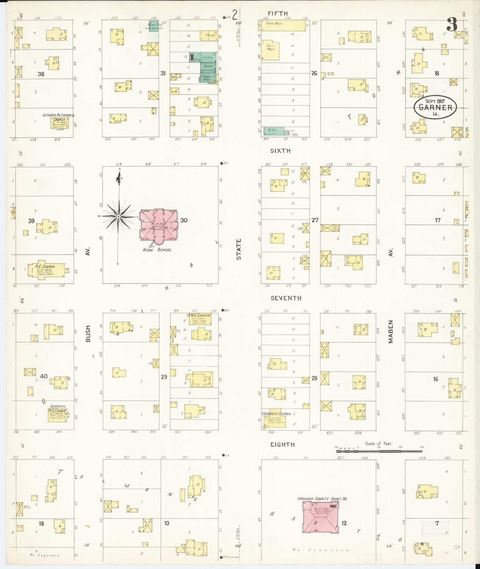 Sanborn Fire Insurance Map from Garner, Hancock County, Iowa (1907), Sheet #0003 - Historic Sanborn Fire Insurance Map Print, vintage old map wall art
