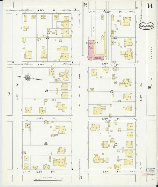 Sanborn Fire Insurance Map from Columbus, Lowndes County, Mississippi (1910), Sheet #0014 - Historic Sanborn Fire Insurance Map Print, vintage old map wall art, antique decor, genealogy gift, Mississippi Mississippi map