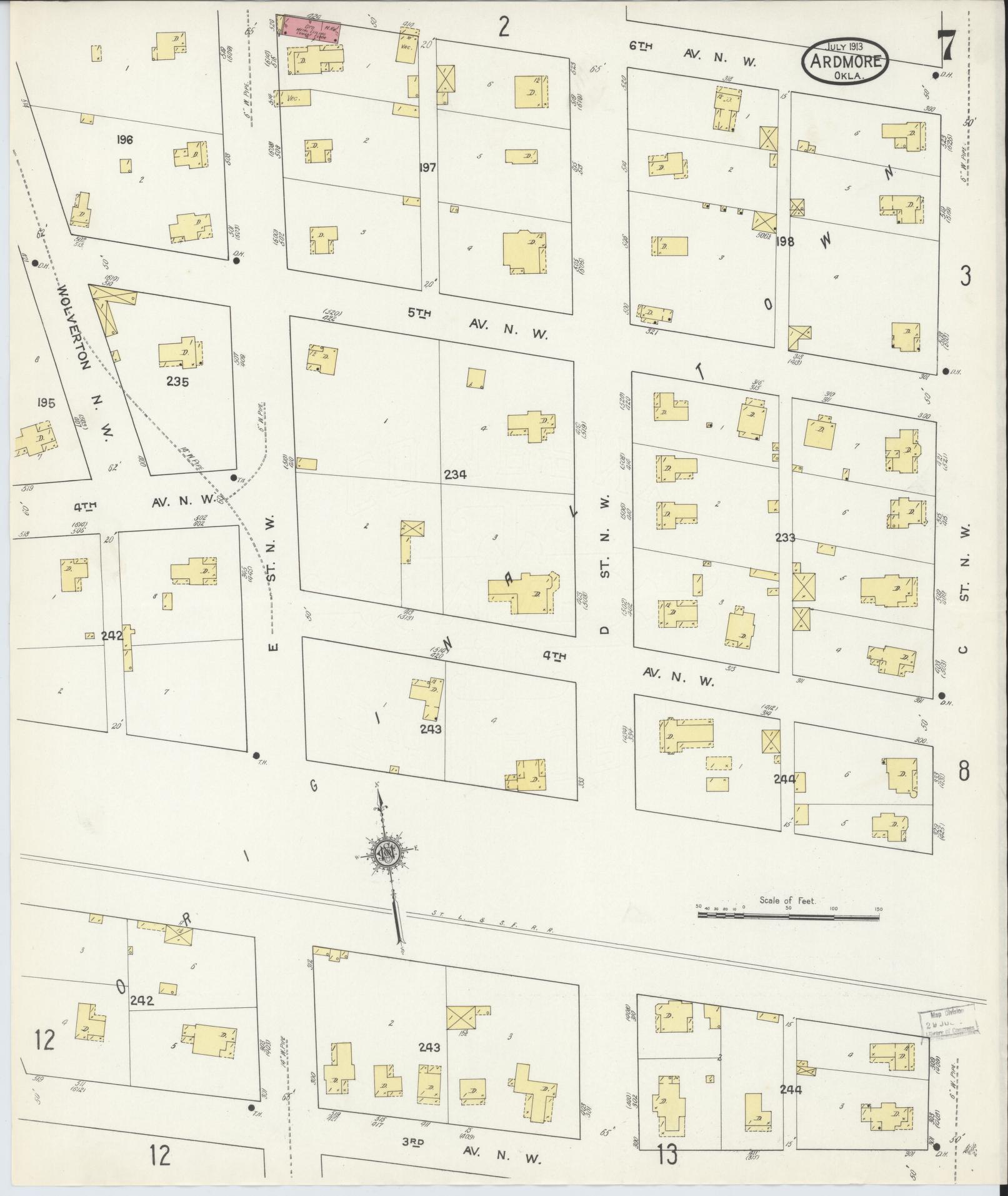 Sanborn Fire Insurance Map from Ardmore, Carter County, Oklahoma (1913), Sheet #0007 - Historic Sanborn Fire Insurance Map Print, vintage old map wall art, antique decor, genealogy gift, Oklahoma Oklahoma map