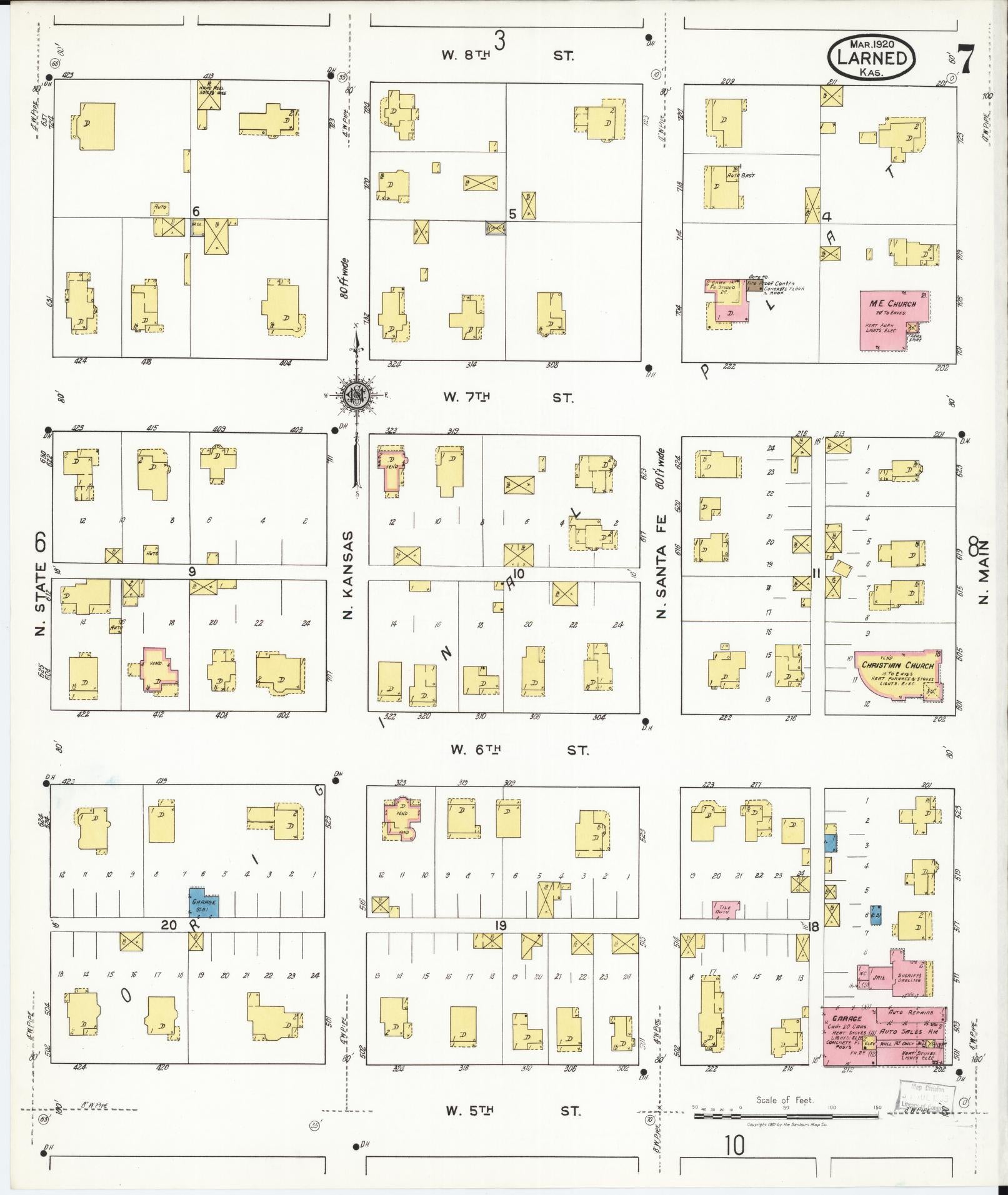Sanborn Fire Insurance Map from Larned, Pawnee County, Kansas (1920), Sheet #0007 - Complete Map Set gallery image, historic Sanborn map, vintage wall art, Kansas Kansas