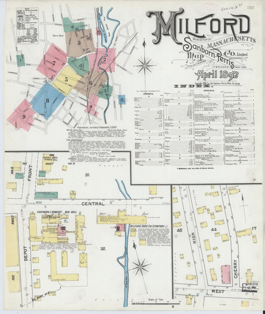 Sanborn Fire Insurance Map from Milford, Worcester County, Massachusetts (1892), Sheet #0001 - Historic Sanborn Fire Insurance Map Print, vintage old map wall art, antique decor, genealogy gift, Massachusetts Massachusetts map