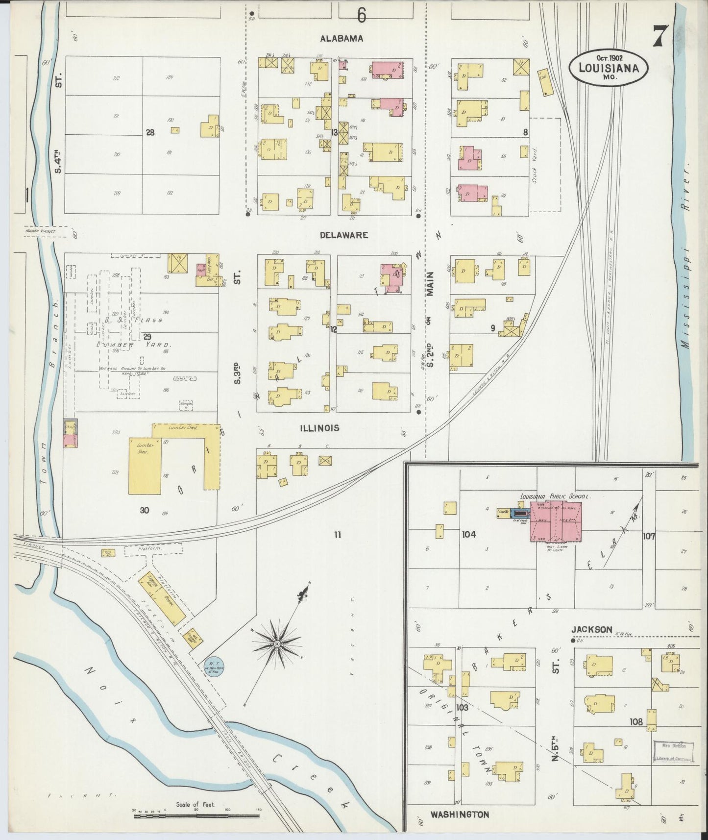Sanborn Fire Insurance Map from Louisiana, Pike County, Missouri (1902), Sheet #0007 - Historic Sanborn Fire Insurance Map Print, vintage old map wall art, antique decor, genealogy gift, Missouri Missouri map