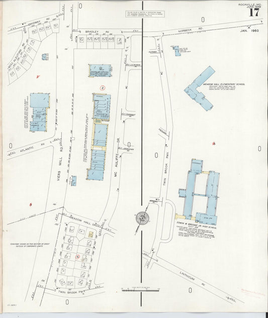 Sanborn Fire Insurance Map from Rockville, Montgomery County, Maryland (1960), Sheet #0017 - Historic Sanborn Fire Insurance Map Print, vintage old map wall art, antique decor, genealogy gift, Maryland Maryland map