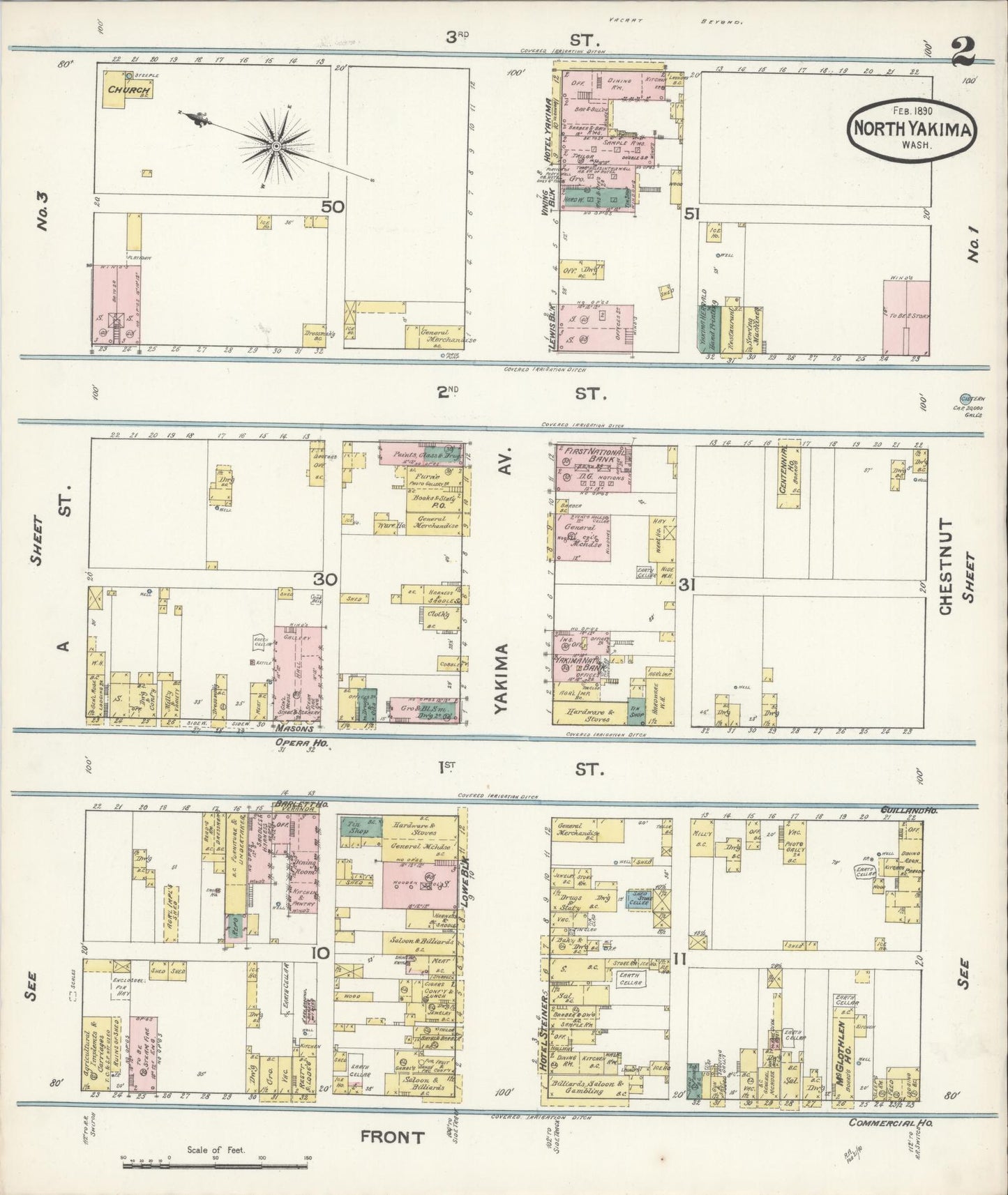Sanborn Fire Insurance Map from North Yakima, Yakima County, Washington (1890), Sheet #0002 - Historic Sanborn Fire Insurance Map Print, vintage old map wall art, antique decor, genealogy gift, Washington Washington map