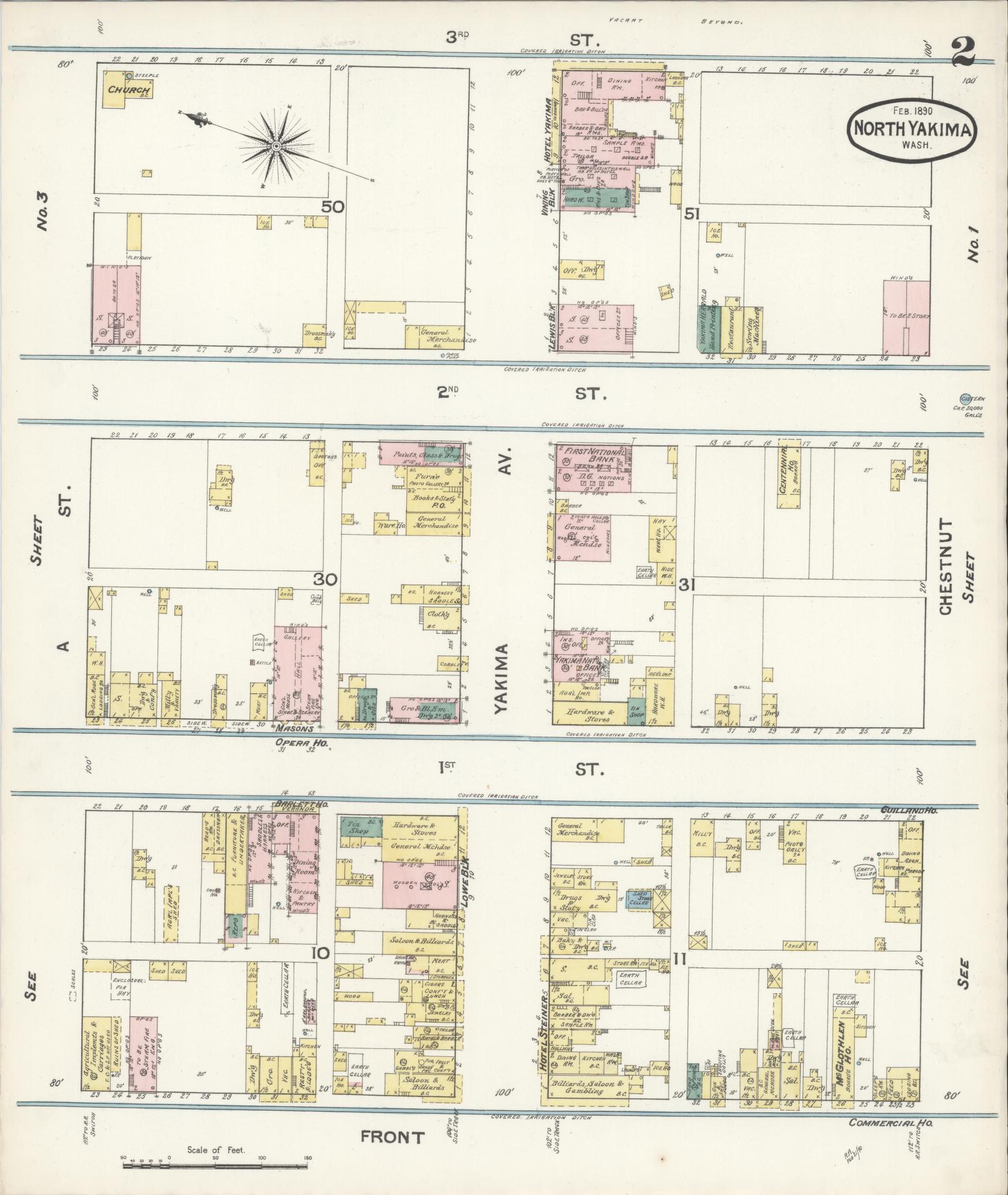 Sanborn Fire Insurance Map from North Yakima, Yakima County, Washington (1890), Sheet #0002 - Historic Sanborn Fire Insurance Map Print, vintage old map wall art, antique decor, genealogy gift, Washington Washington map