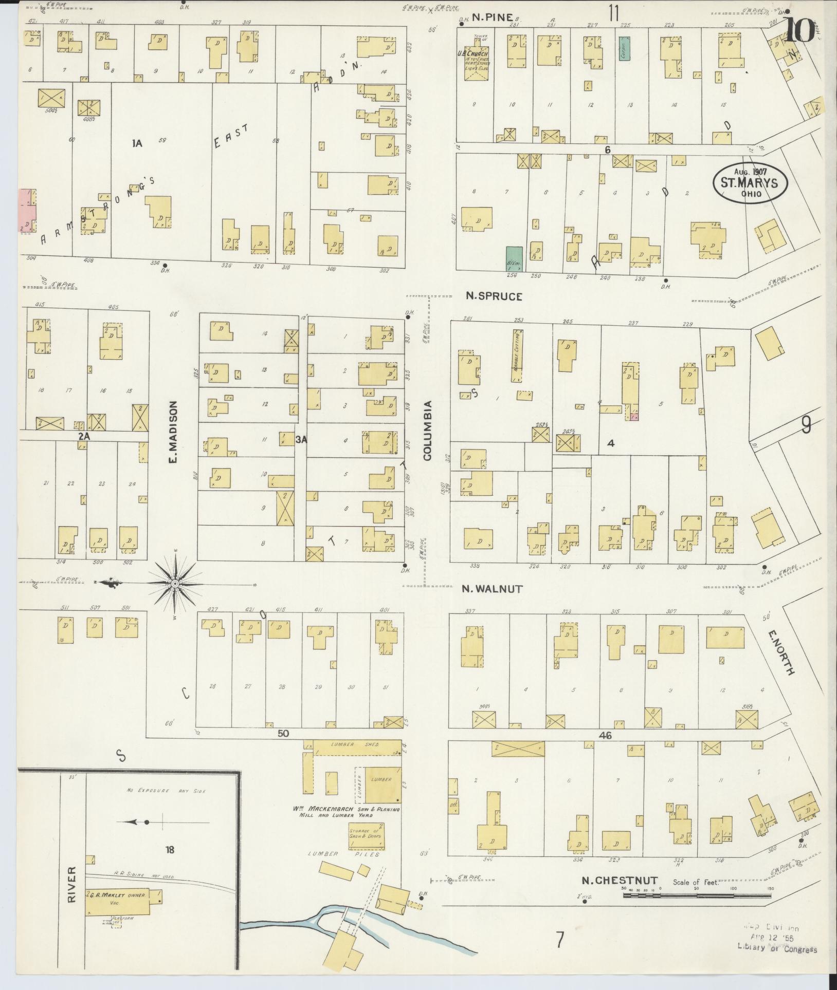 Sanborn Fire Insurance Map from Saint Marys, Auglaize County, Ohio (1907), Sheet #0010 - Complete Map Set gallery image, historic Sanborn map, vintage wall art, Ohio Ohio