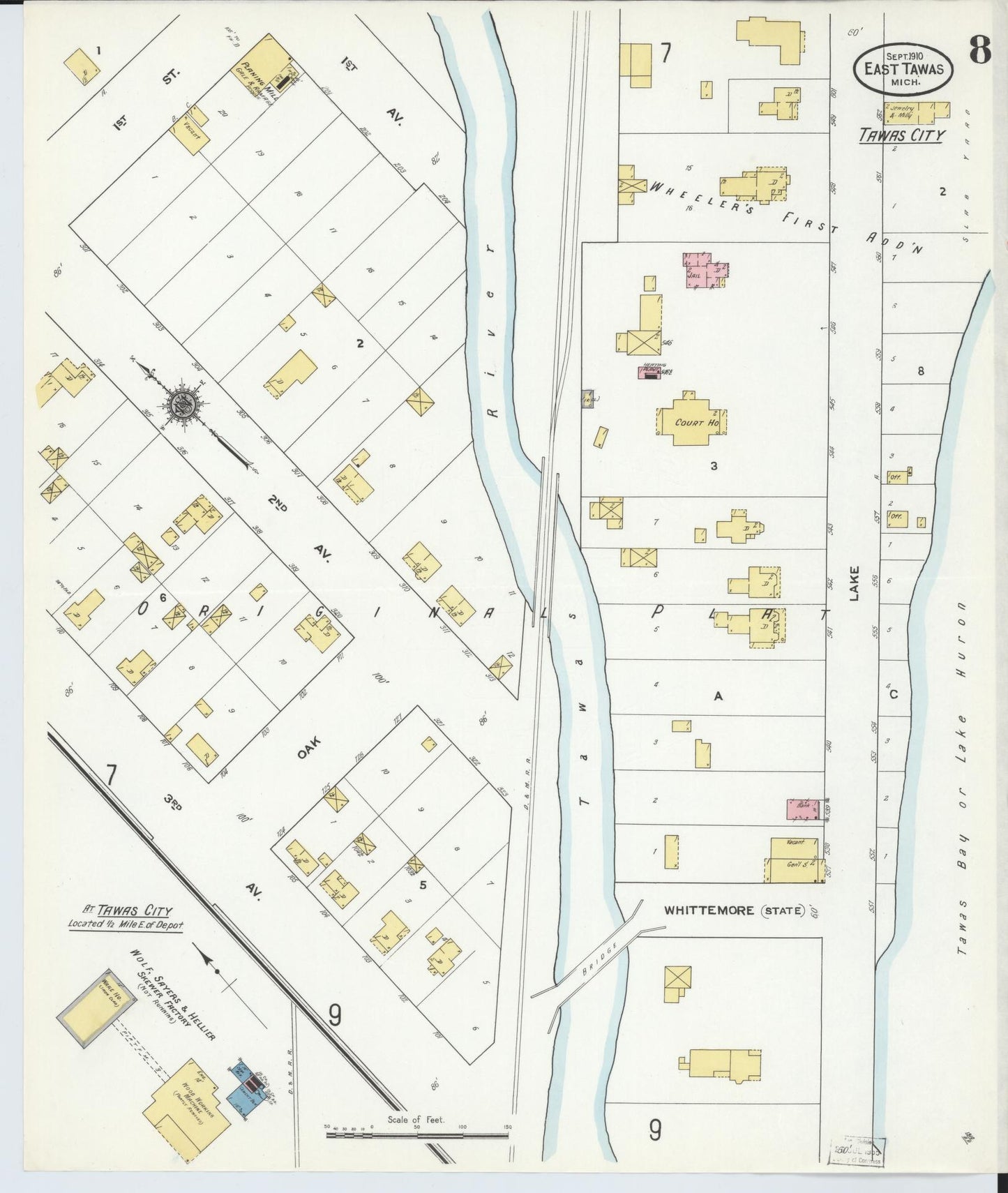 Sanborn Fire Insurance Map from East Tawas, Iosco County, Michigan (1910), Sheet #0008 - Complete Map Set gallery image, historic Sanborn map, vintage wall art, Michigan Michigan