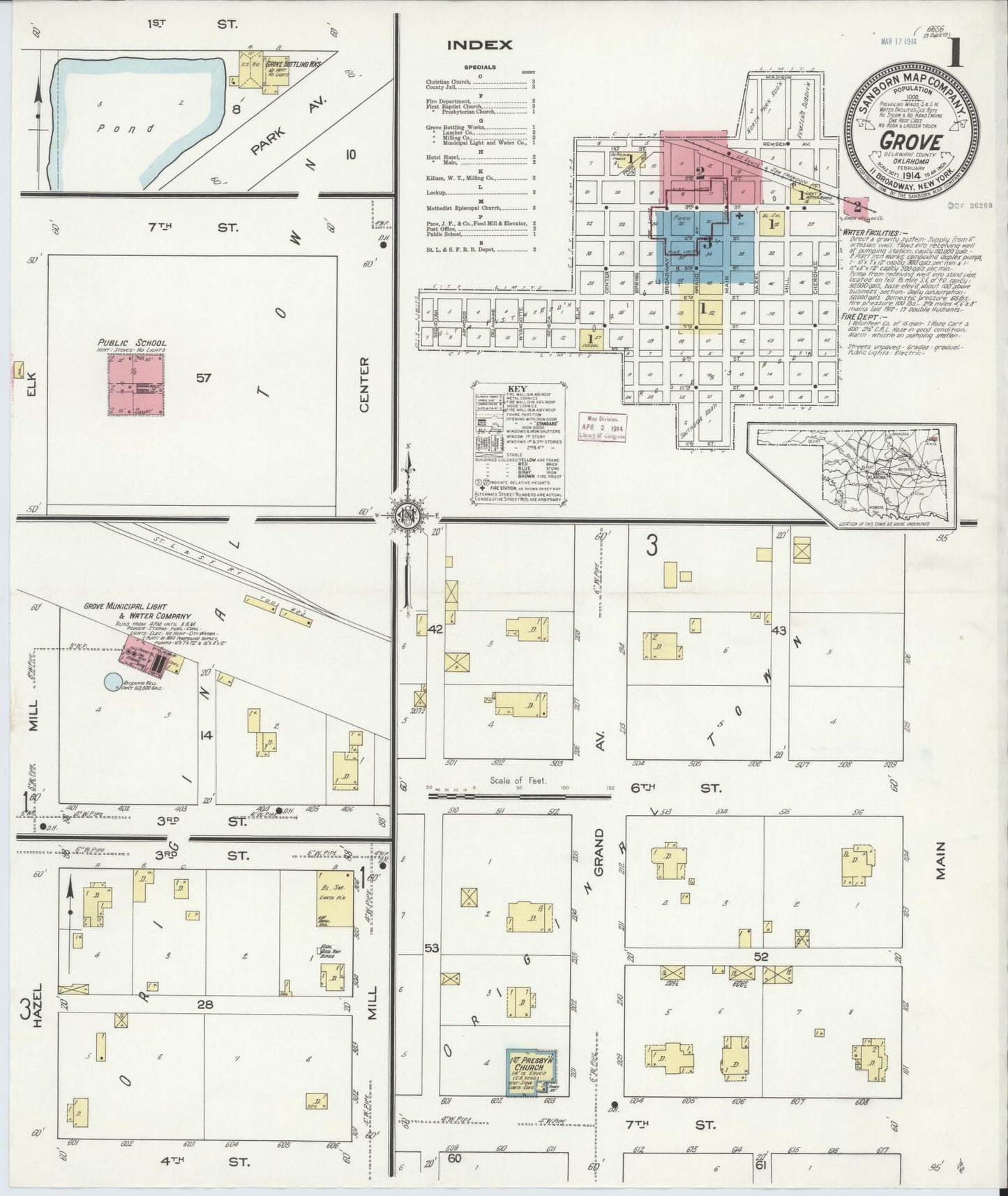 Sanborn Fire Insurance Map from Grove, Delaware County, Oklahoma (1914), Sheet #0001 - Historic Sanborn Fire Insurance Map Print, vintage old map wall art, antique decor, genealogy gift, Grove Delaware map