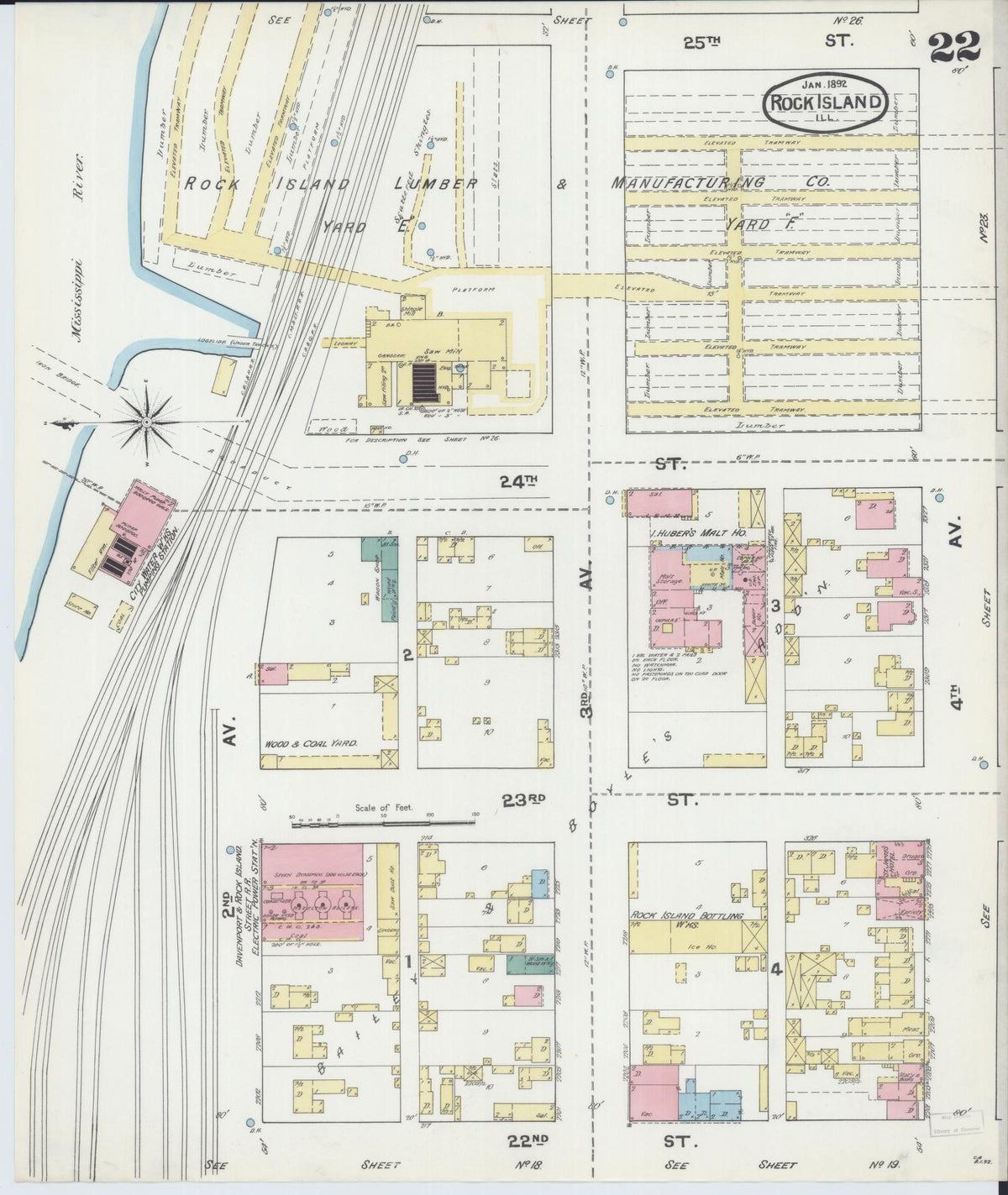 Sanborn Fire Insurance Map from Rock Island, Rock Island County, Illinois (1892), Sheet #0022 - Historic Sanborn Fire Insurance Map Print, vintage old map wall art, antique decor, genealogy gift, Illinois Illinois map