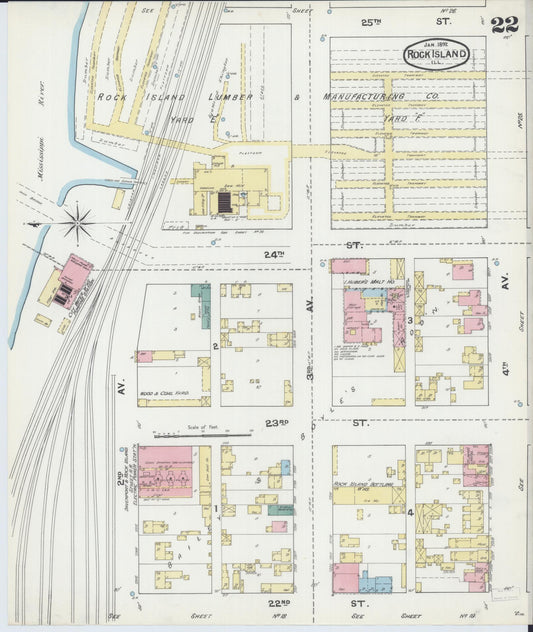 Sanborn Fire Insurance Map from Rock Island, Rock Island County, Illinois (1892), Sheet #0022 - Historic Sanborn Fire Insurance Map Print, vintage old map wall art, antique decor, genealogy gift, Illinois Illinois map
