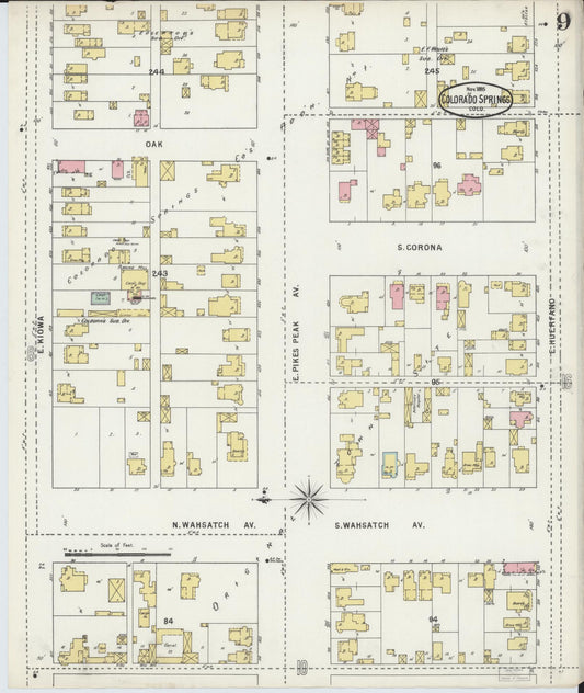 Sanborn Fire Insurance Map from Colorado Springs, El Paso County, Colorado (1895), Sheet #0009 - Historic Sanborn Fire Insurance Map Print, vintage old map wall art, antique decor, genealogy gift, Colorado Colorado map