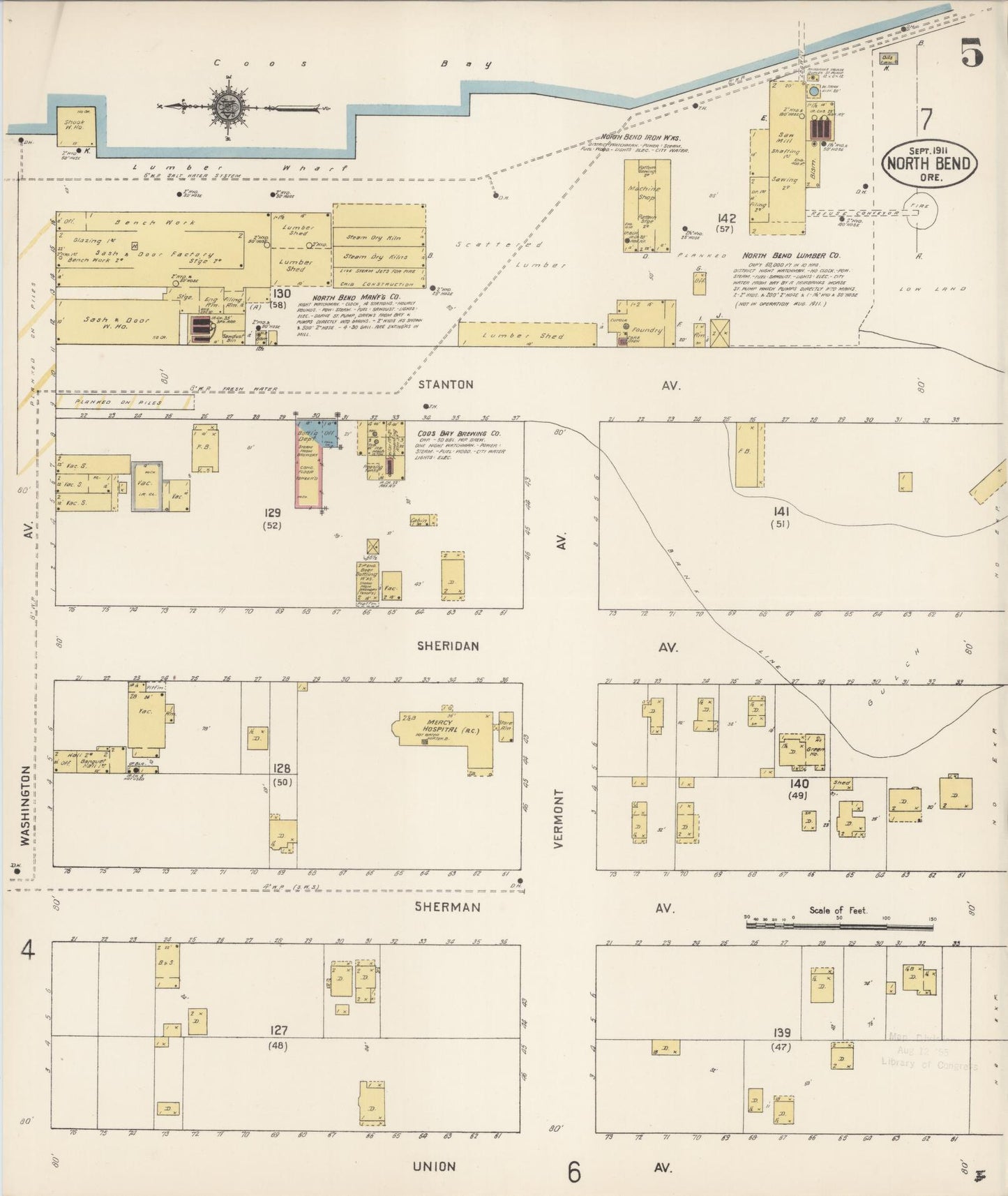 Sanborn Fire Insurance Map from North Bend, Coos County, Oregon (1911), Sheet #0005 - Historic Sanborn Fire Insurance Map Print, vintage old map wall art, antique decor, genealogy gift, Oregon Oregon map
