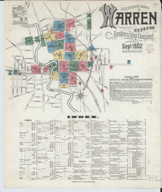 Sanborn Fire Insurance Map from Warren, Trumbull County, Ohio (1902), Sheet #0001 - Historic Sanborn Fire Insurance Map Print, vintage old map wall art, antique decor, genealogy gift, Ohio Ohio map
