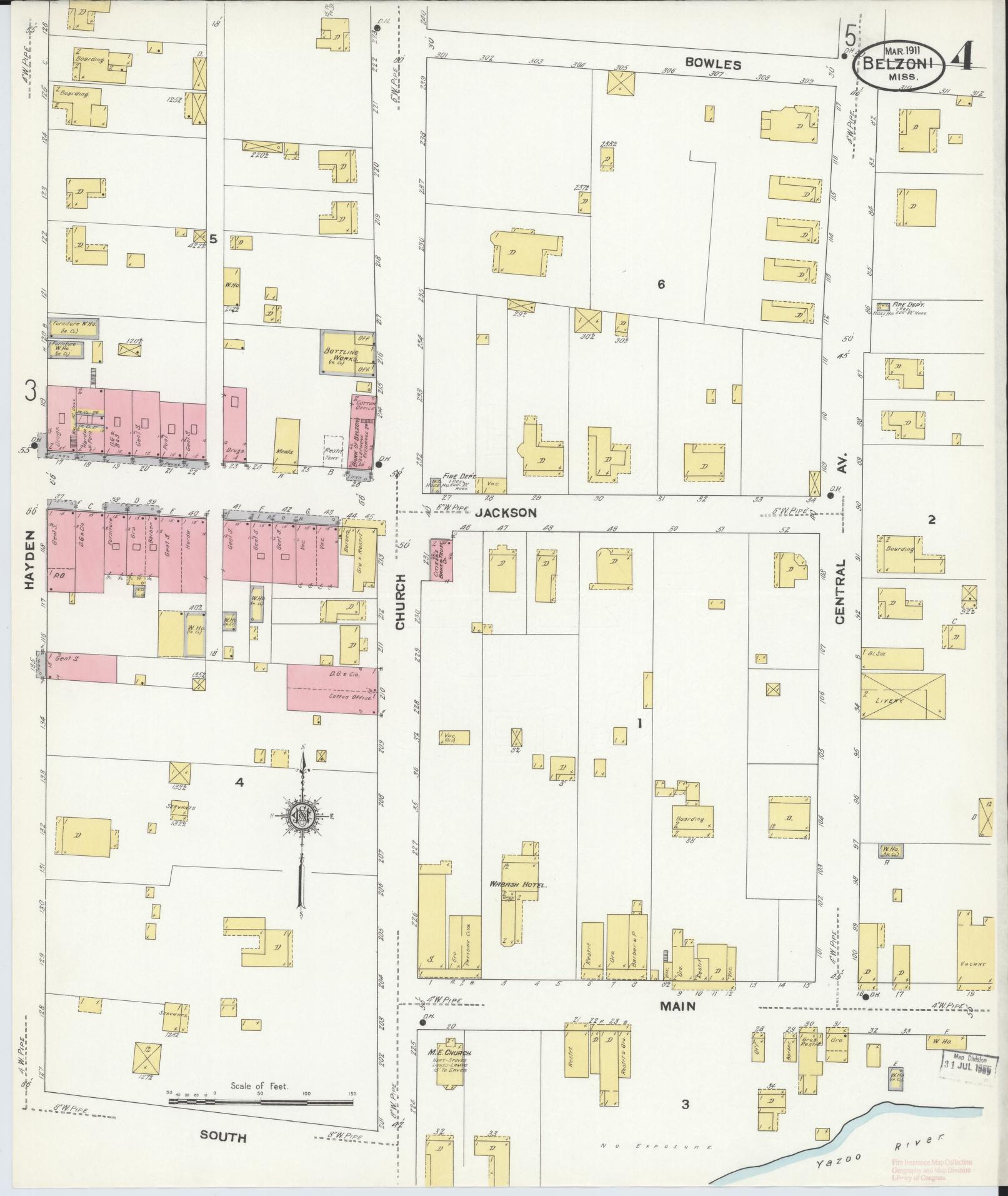 Sanborn Fire Insurance Map from Belzoni, Washington County, Mississippi (1911), Sheet #0004 - Historic Sanborn Fire Insurance Map Print, vintage old map wall art, antique decor, genealogy gift, Mississippi Mississippi map